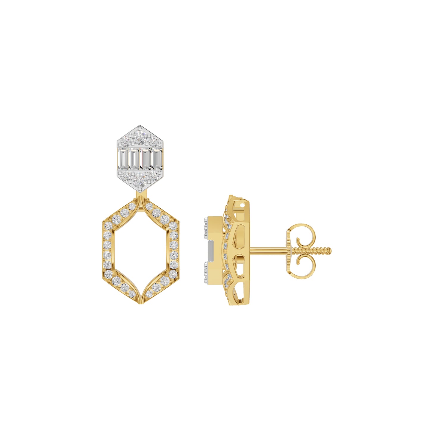 Baugette HexaHalo Diamond Stud Earrings 18 KT / Yellow Gold