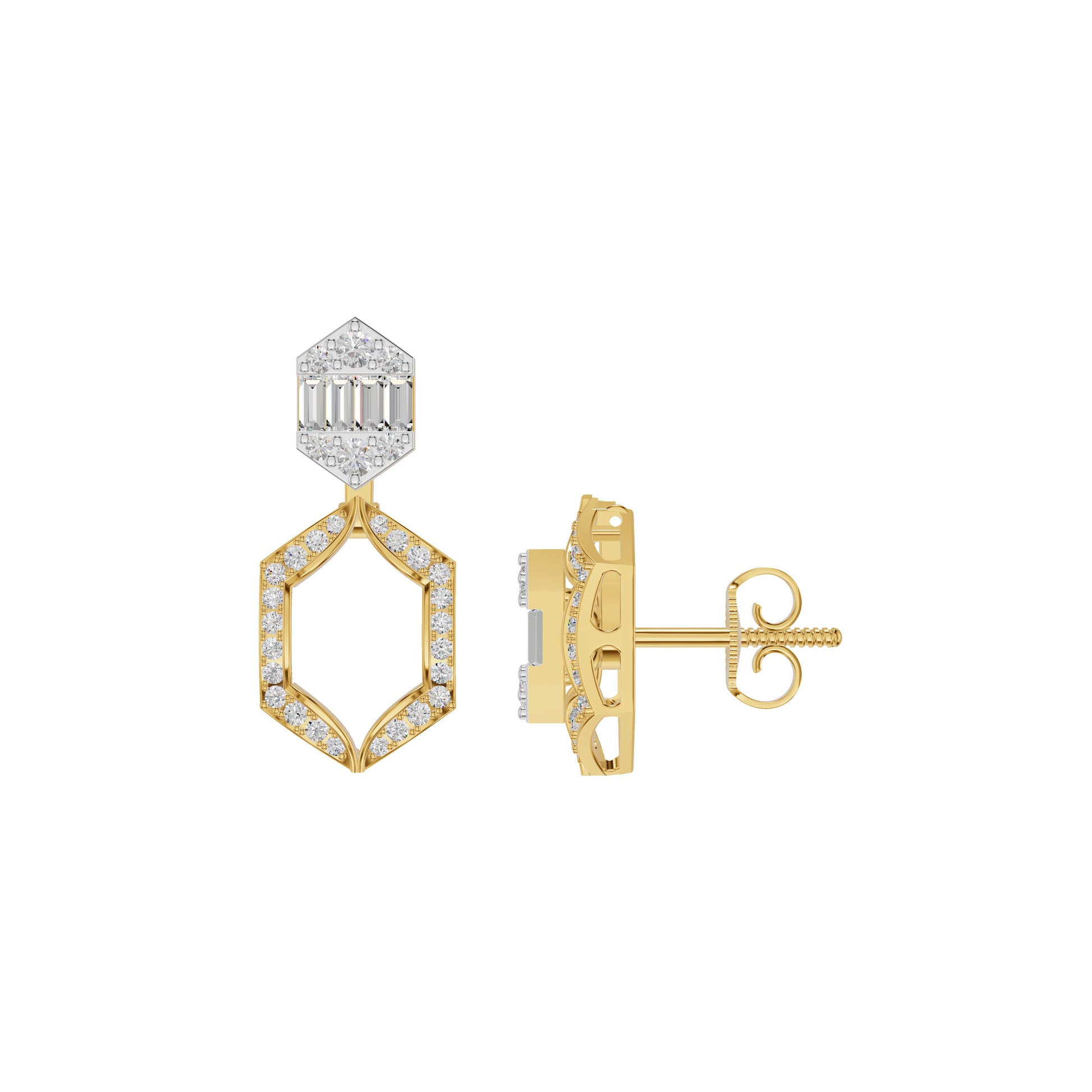 Baugette HexaHalo Diamond Stud Earrings 18 KT / Yellow Gold