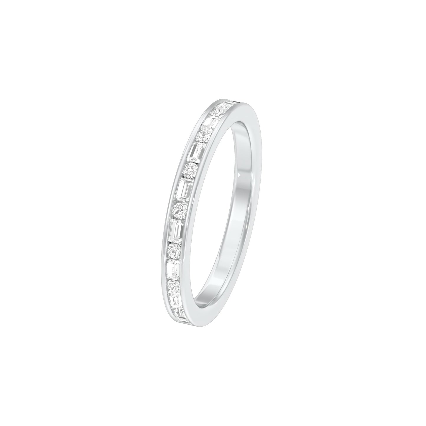 Round & Baugette Eternity Diamond Band Ring 18 KT / White Gold / 18