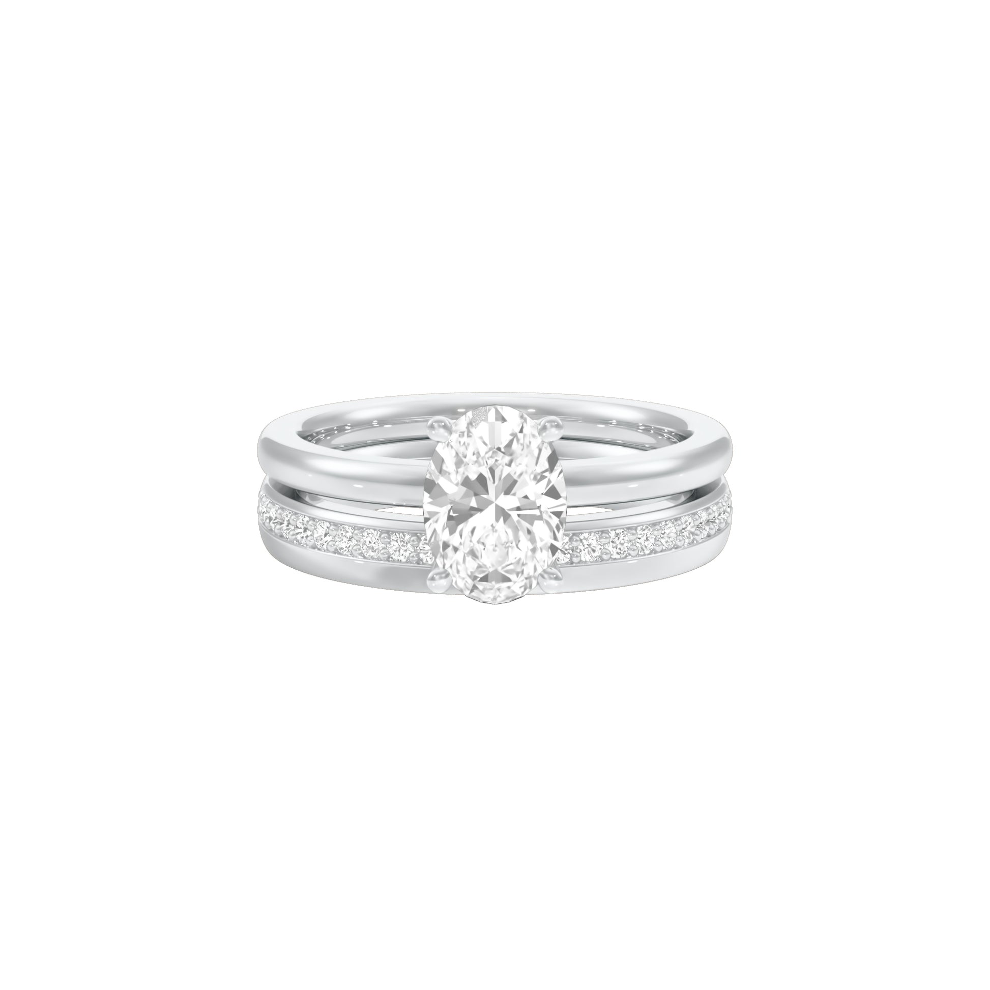 Oval Solitaire Pave Diamond Engagement Ring 18 KT / White Gold / 18