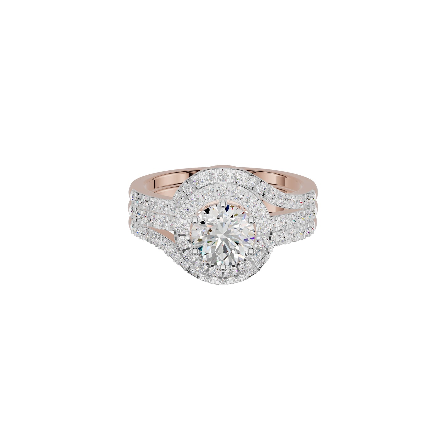 Double Halo Round Solitaire Diamond Engagement Ring 18 KT / Rose Gold / 18