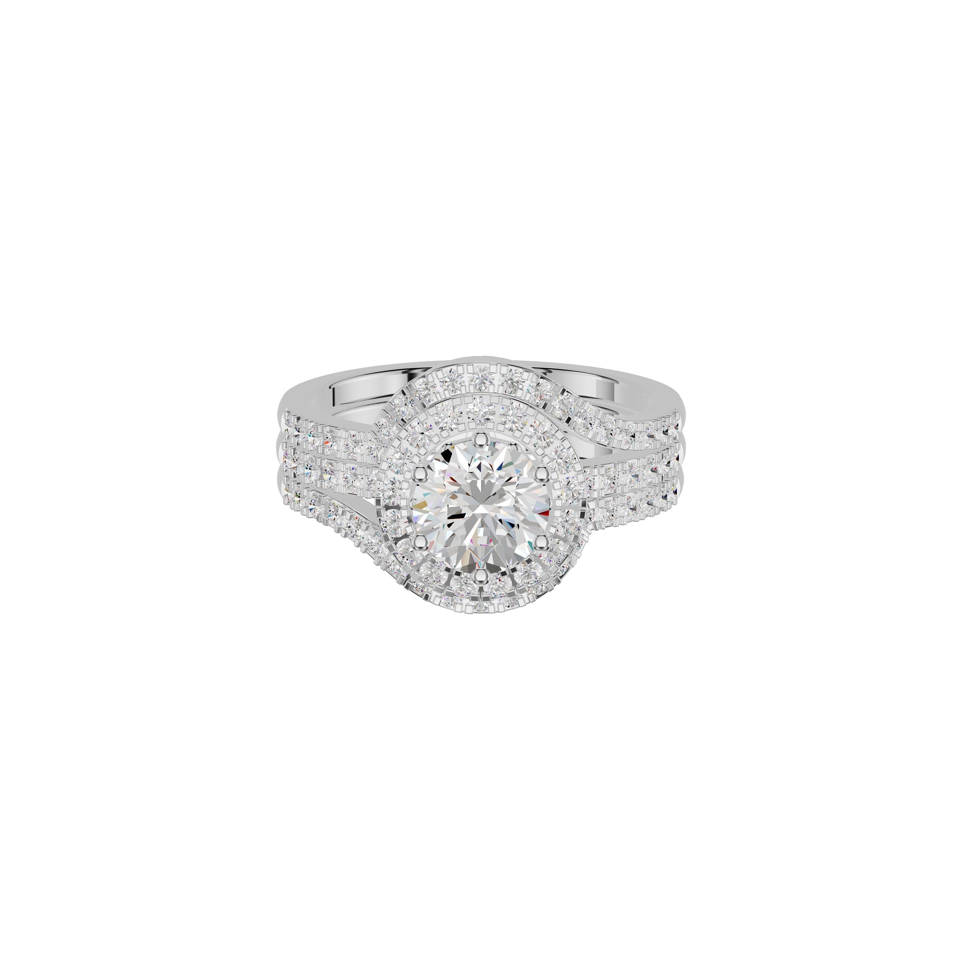 Double Halo Round Solitaire Diamond Engagement Ring 18 KT / White Gold / 18