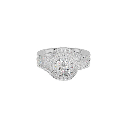 Double Halo Round Solitaire Diamond Engagement Ring 18 KT / White Gold / 18