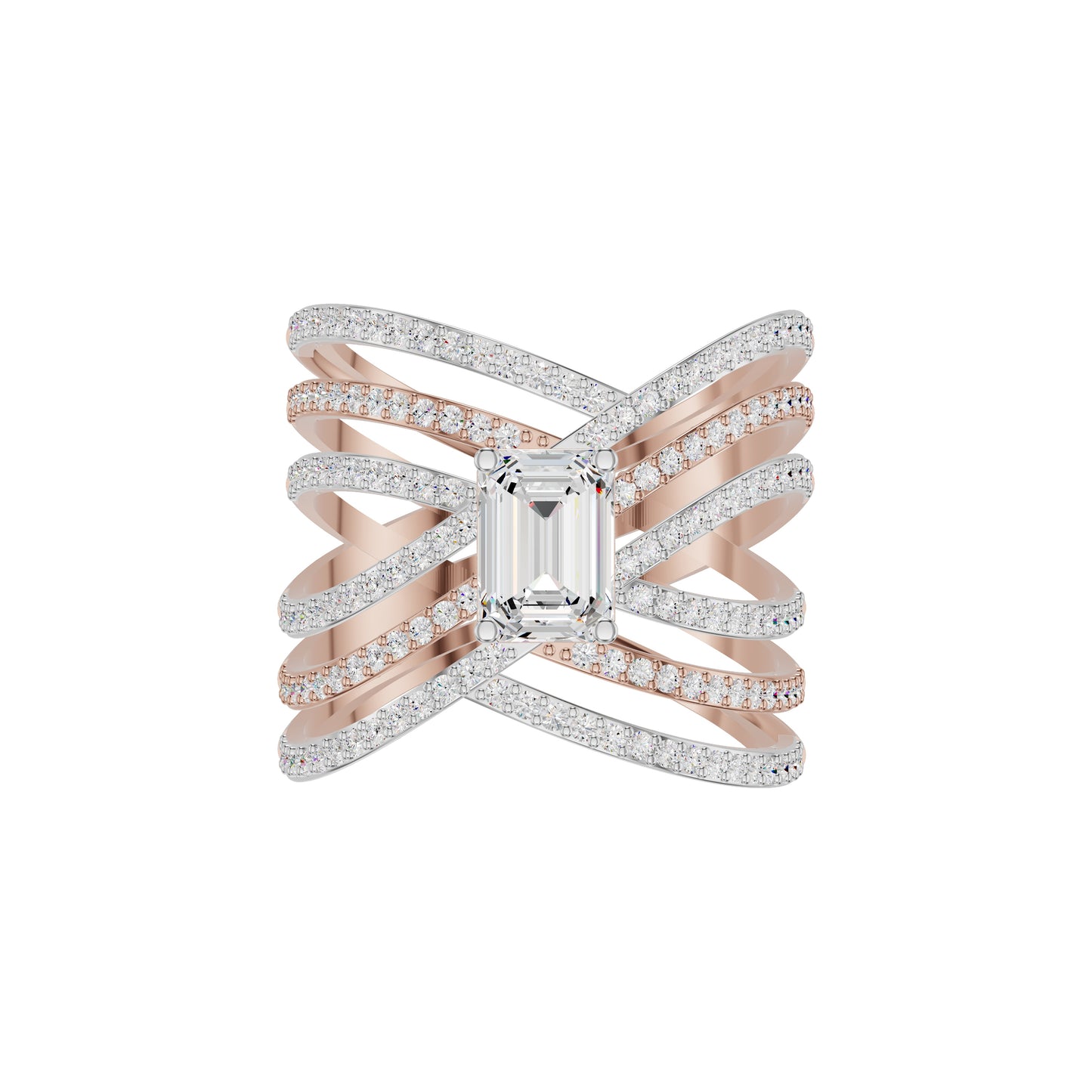 Emerald-cut Crisscross Diamond Cocktail Ring 18 KT / Rose Gold / 18