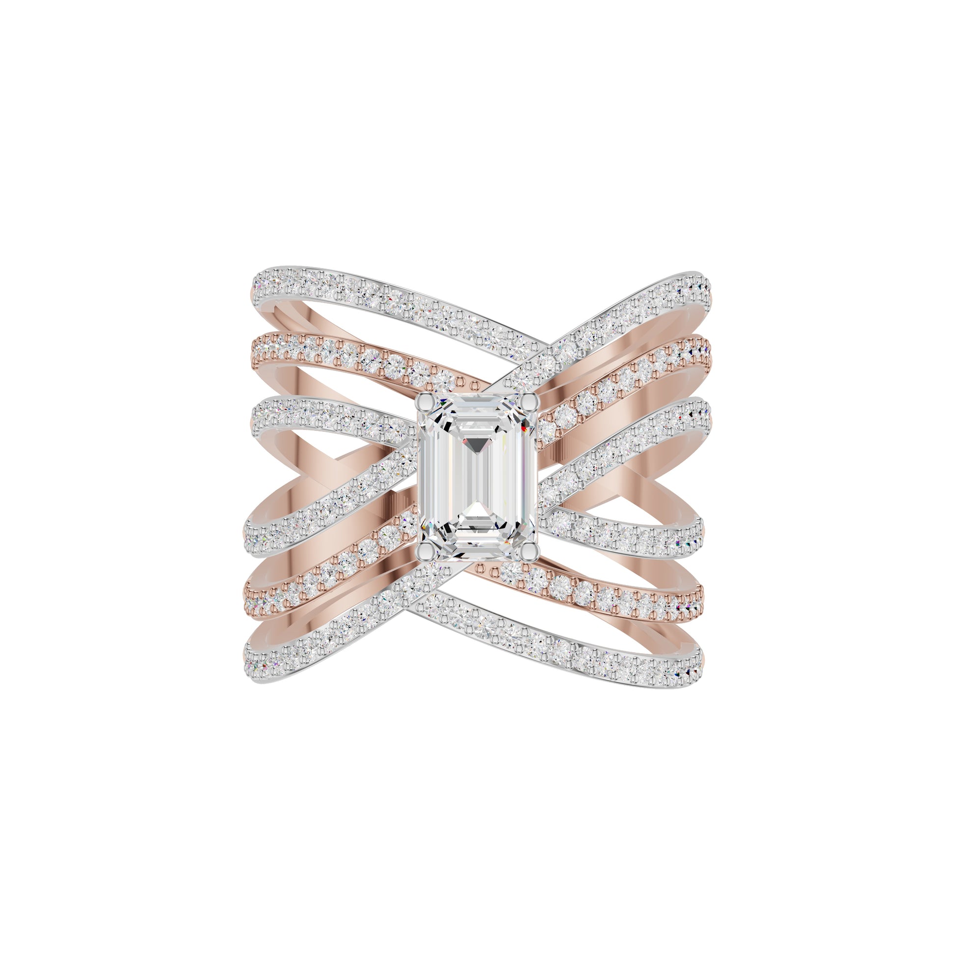 Emerald-cut Crisscross Diamond Cocktail Ring 18 KT / Rose Gold / 18