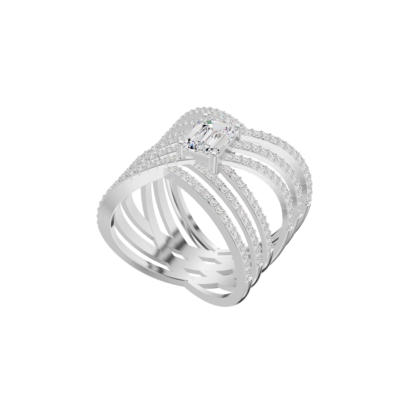 Emerald-cut Crisscross Diamond Cocktail Ring 18 KT / White Gold / 18