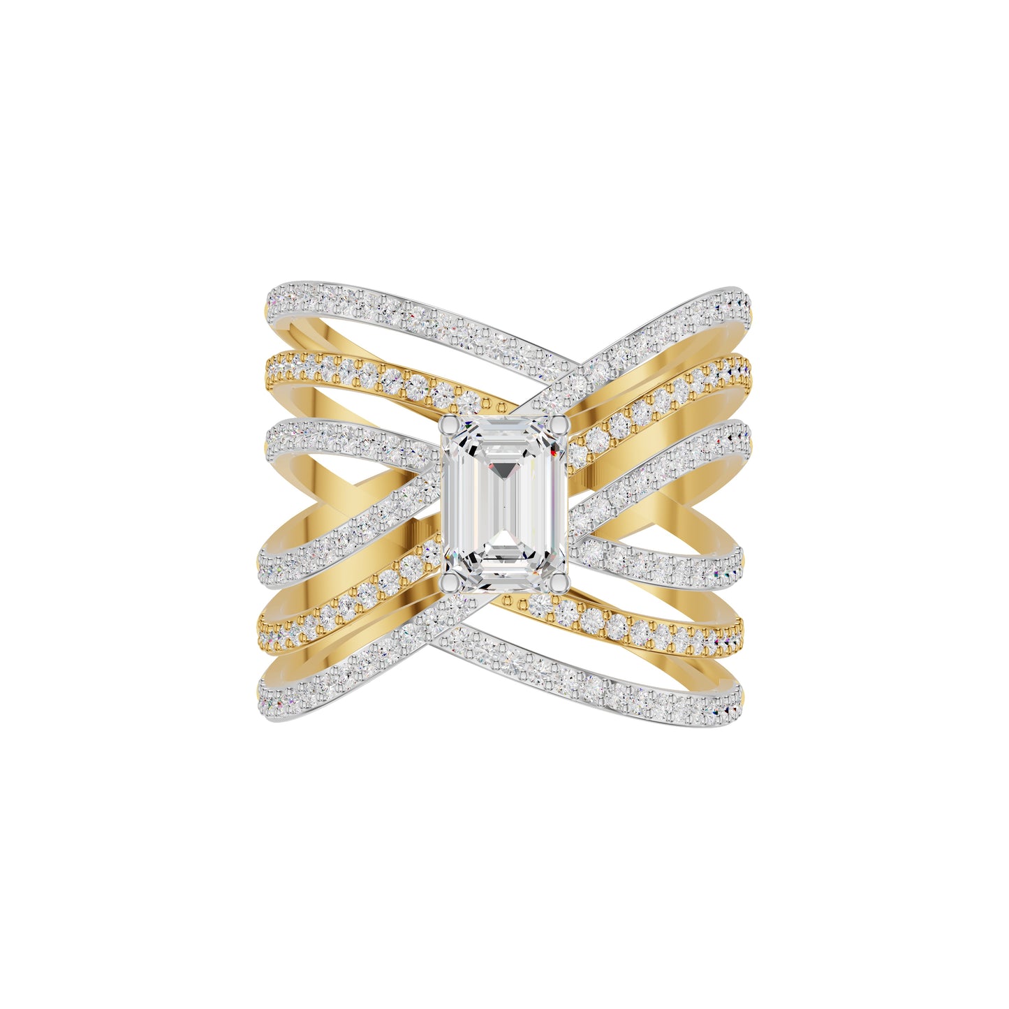 Emerald-cut Crisscross Diamond Cocktail Ring 18 KT / Yellow Gold / 18