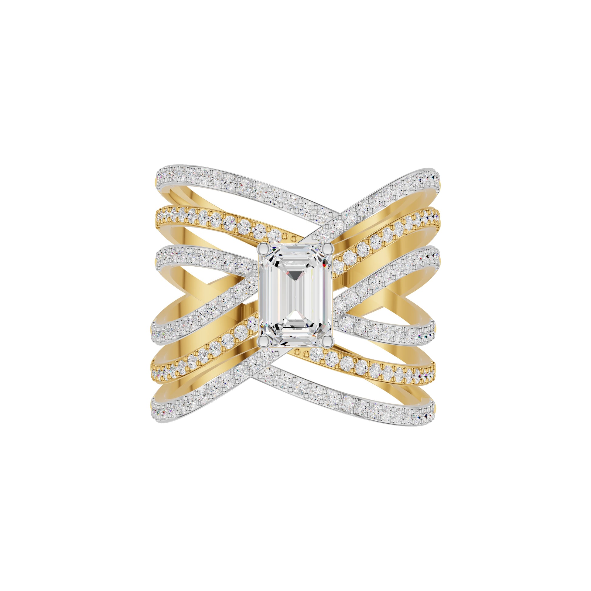 Emerald-cut Crisscross Diamond Cocktail Ring 18 KT / Yellow Gold / 18