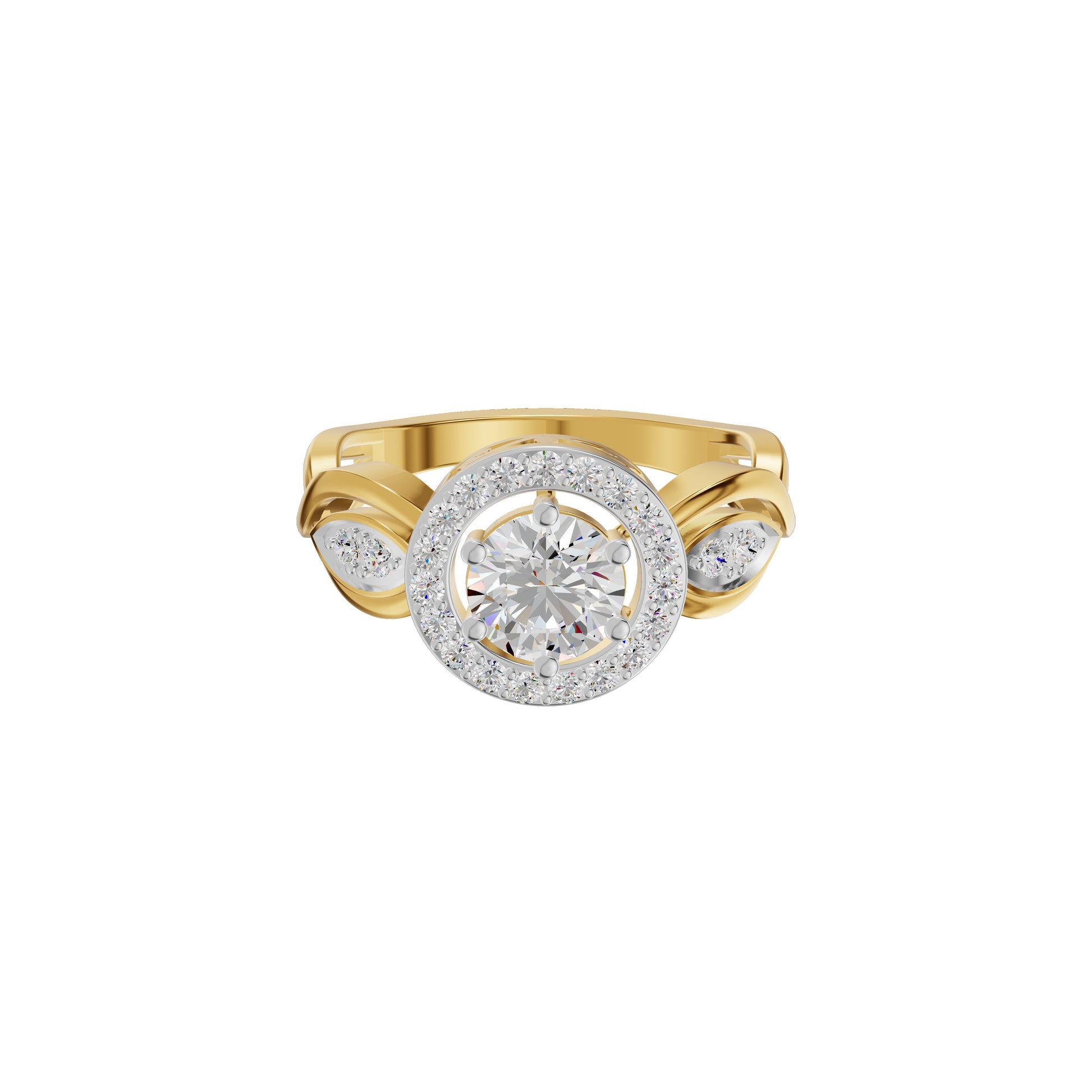 Leafy Marquise Round Solitaire Diamond Ring 18 KT / Yellow Gold / 18