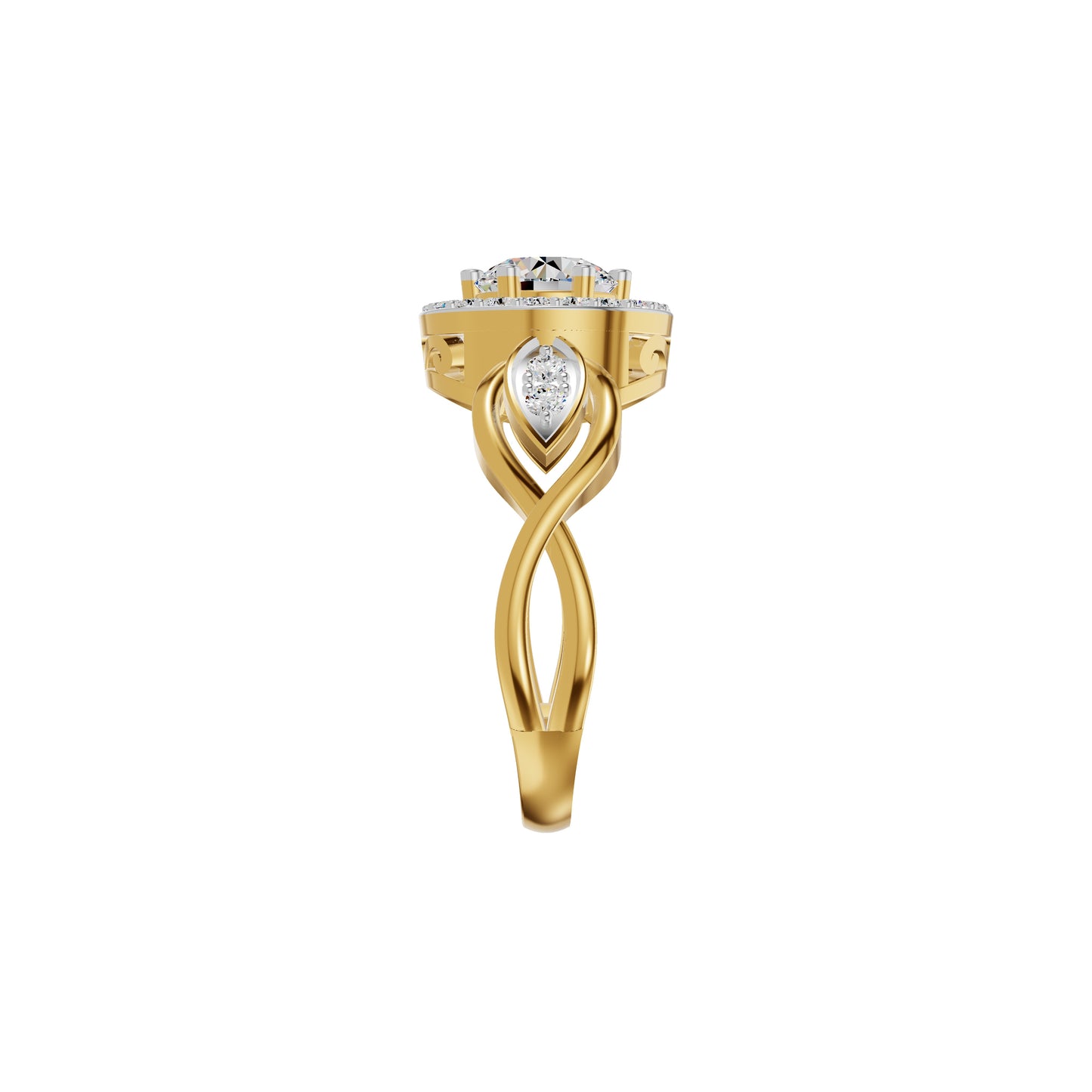 Leafy Marquise Round Solitaire Diamond Ring 18 KT / Yellow Gold / 18