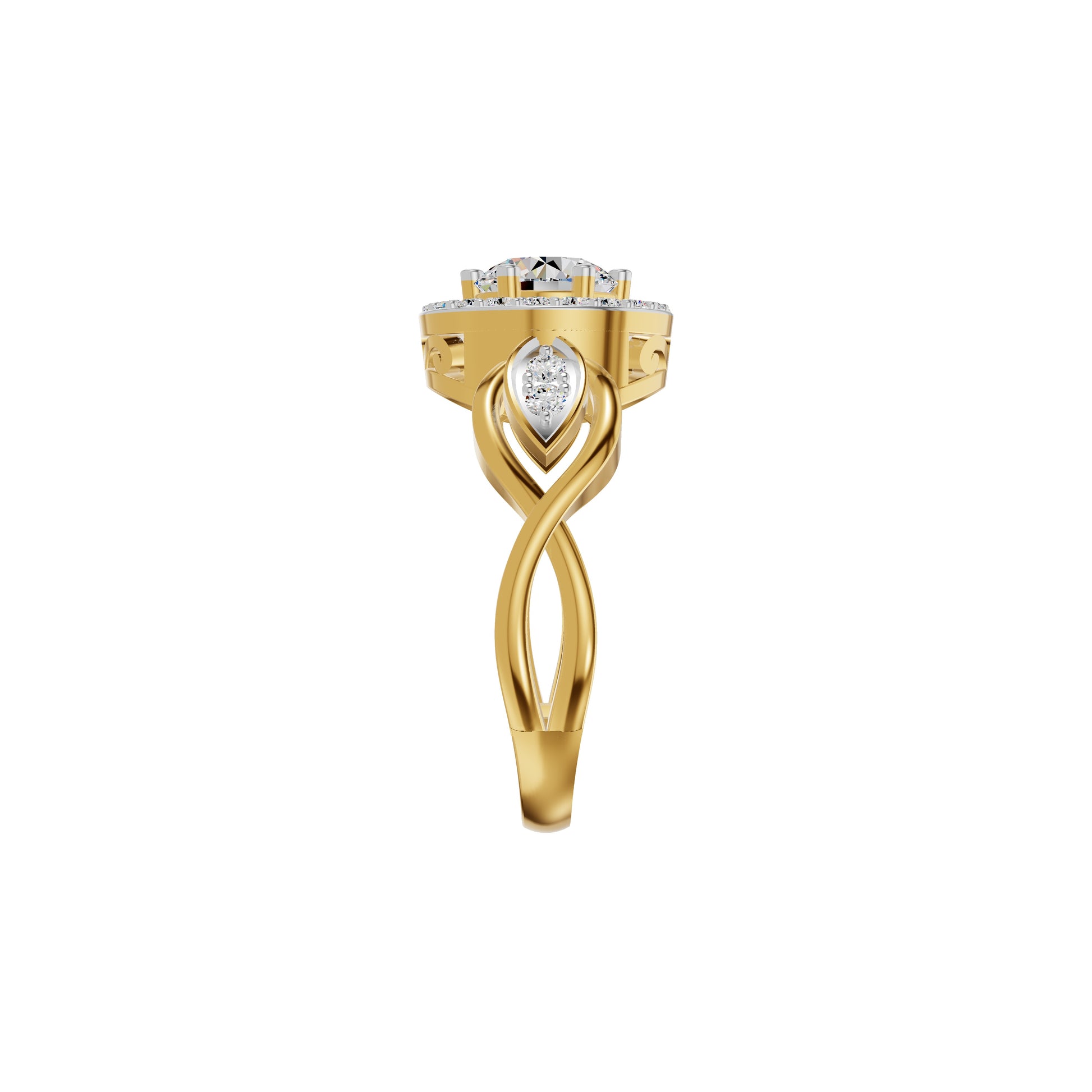 Leafy Marquise Round Solitaire Diamond Ring 18 KT / Yellow Gold / 18
