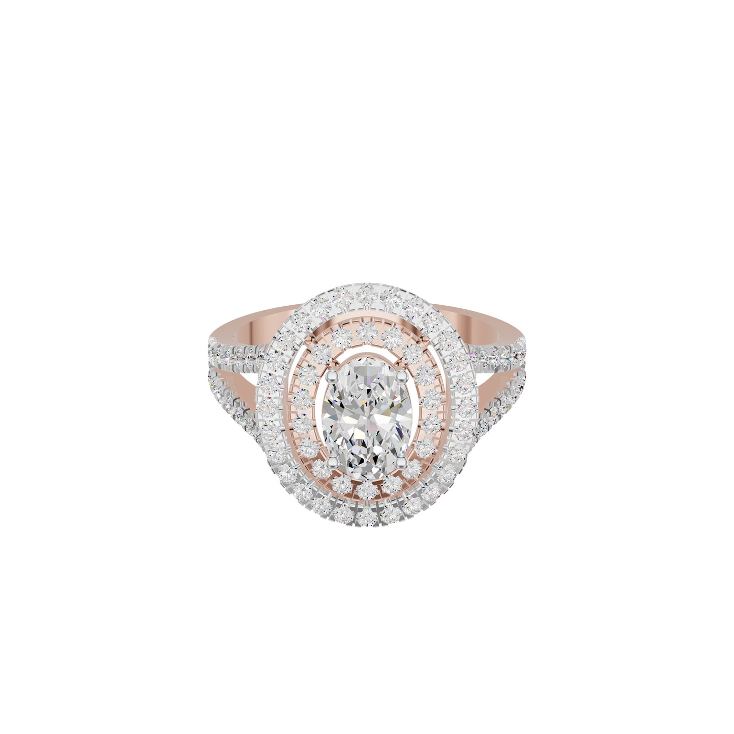 Split Shank Double Halo Oval Solitaire Diamond Engagement Ring 18 KT / Rose Gold / 18