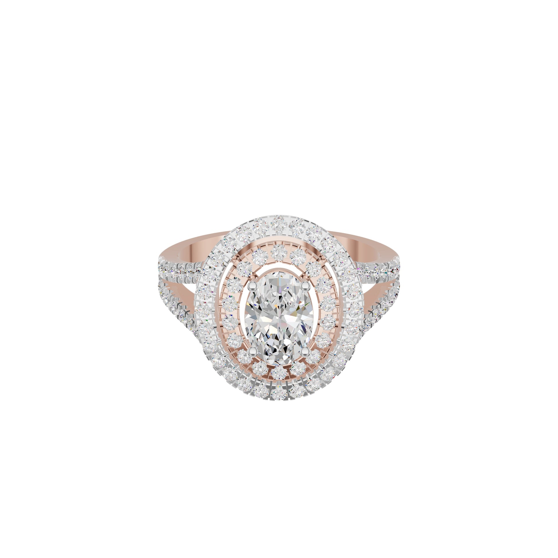 Split Shank Double Halo Oval Solitaire Diamond Engagement Ring 18 KT / Rose Gold / 18