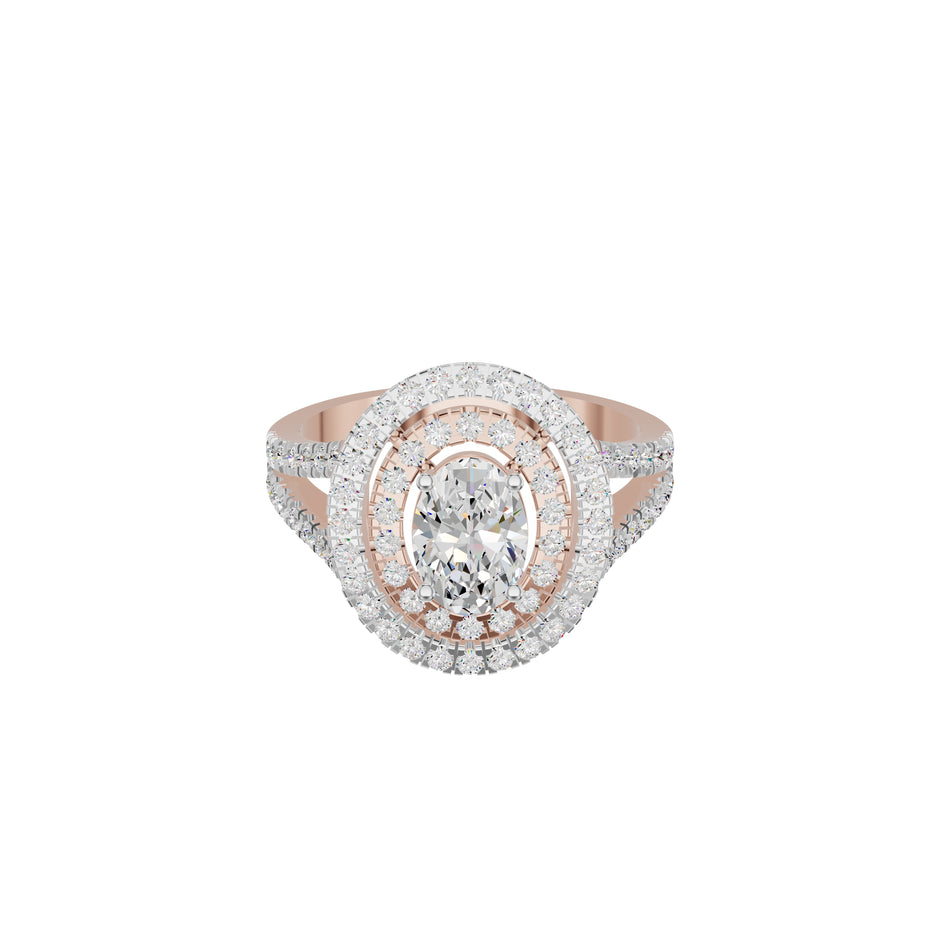 Split Shank Double Halo Oval Solitaire Diamond Engagement Ring 18 KT / Rose Gold / 18