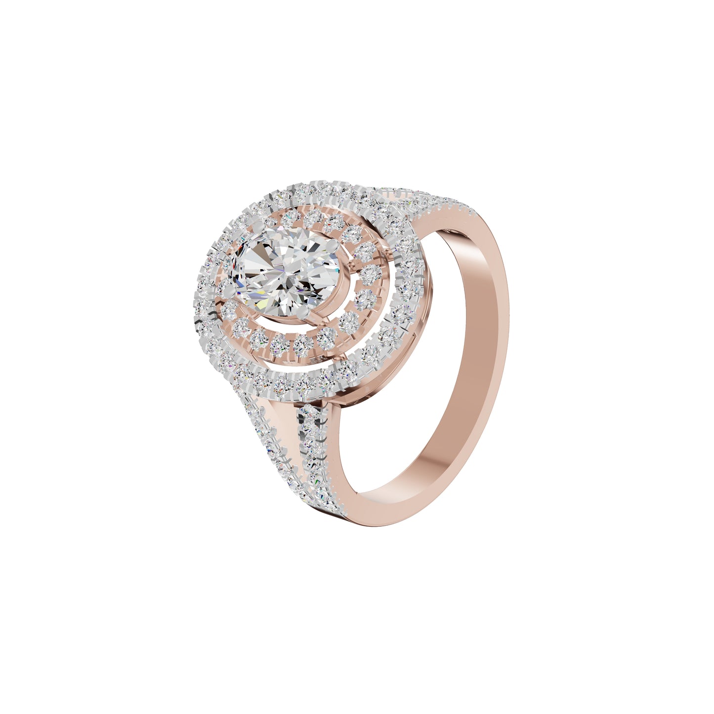 Split Shank Double Halo Oval Solitaire Diamond Engagement Ring 18 KT / Rose Gold / 18