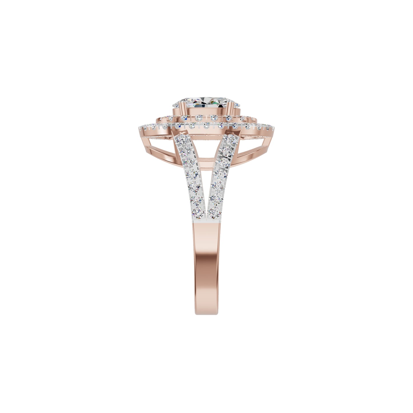 Split Shank Double Halo Oval Solitaire Diamond Engagement Ring 18 KT / Rose Gold / 18