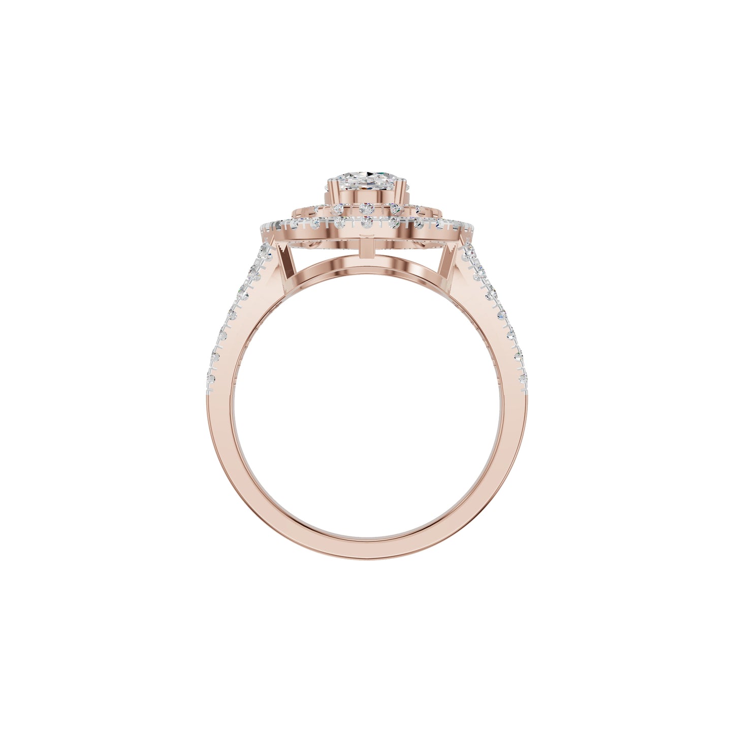 Split Shank Double Halo Oval Solitaire Diamond Engagement Ring 18 KT / Rose Gold / 18