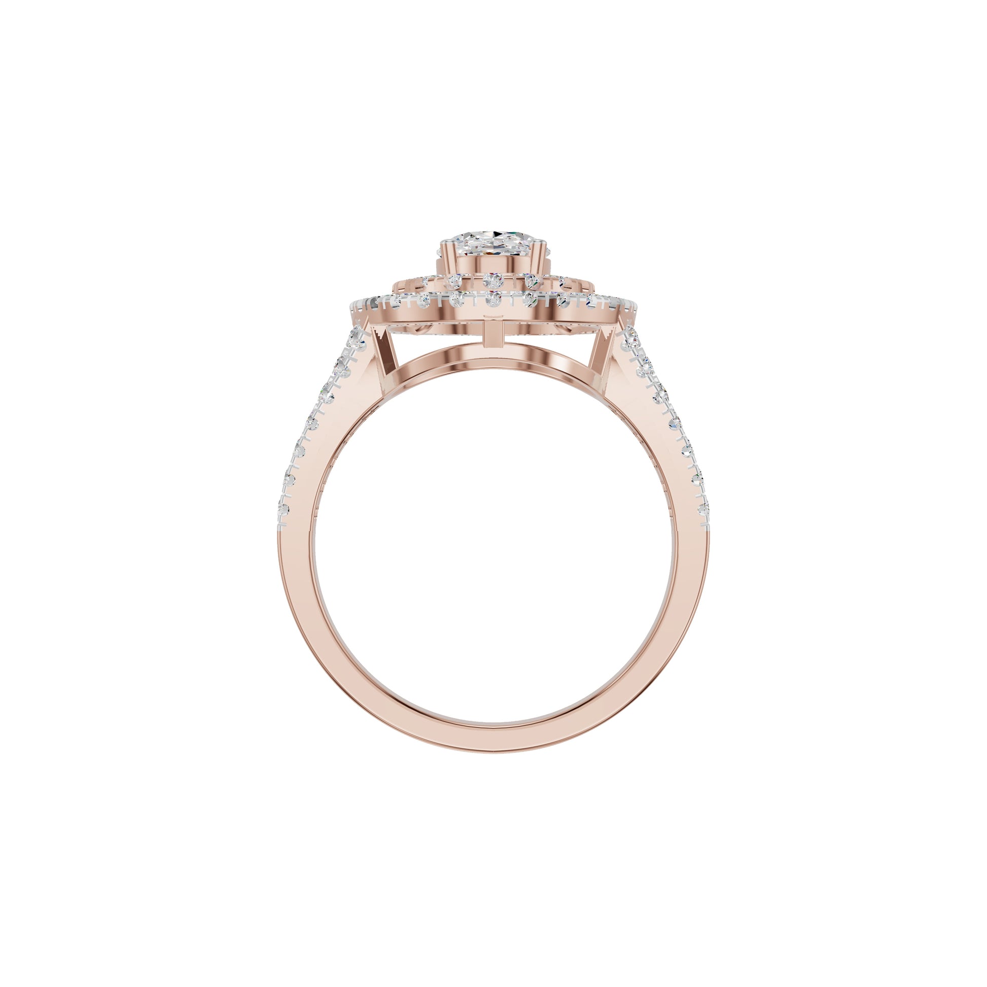Split Shank Double Halo Oval Solitaire Diamond Engagement Ring 18 KT / Rose Gold / 18