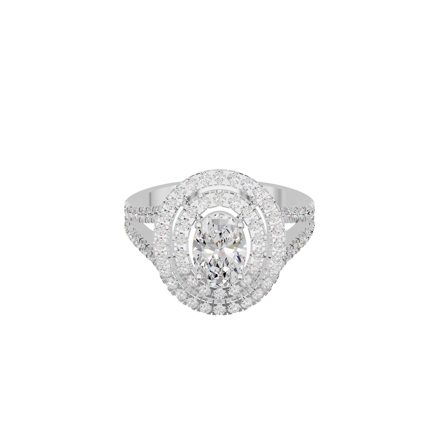 Split Shank Double Halo Oval Solitaire Diamond Engagement Ring 18 KT / White Gold / 18