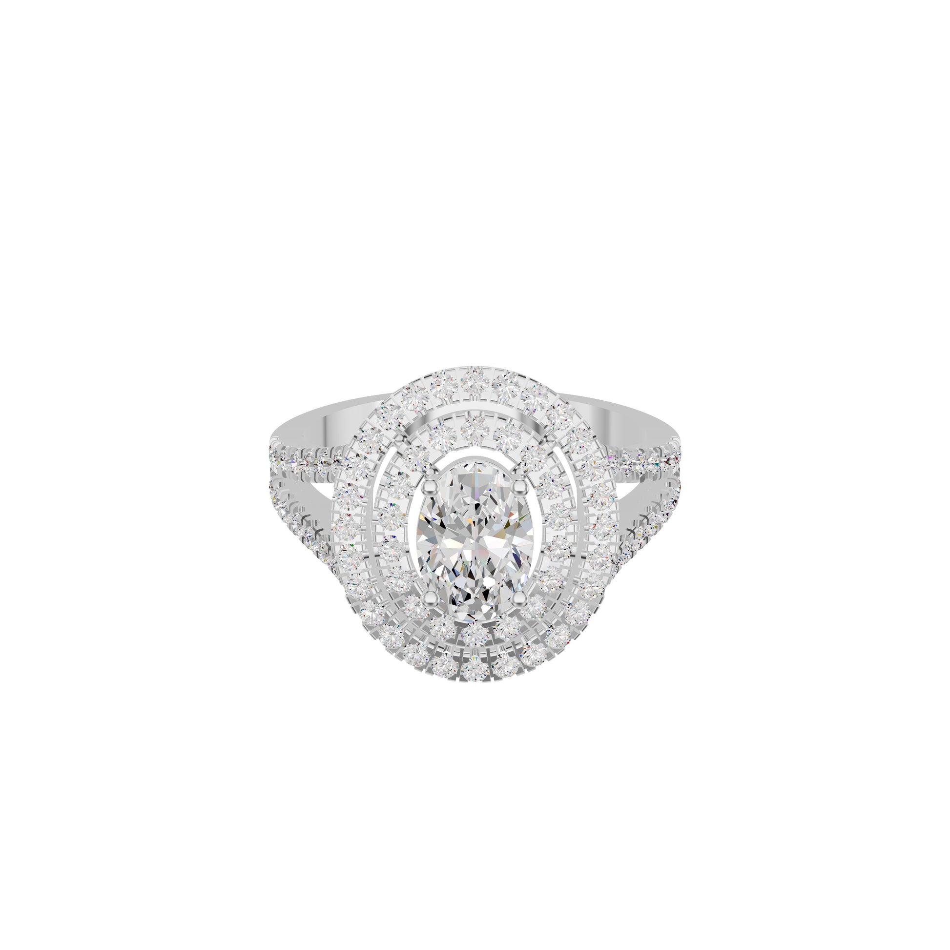 Split Shank Double Halo Oval Solitaire Diamond Engagement Ring 18 KT / White Gold / 18