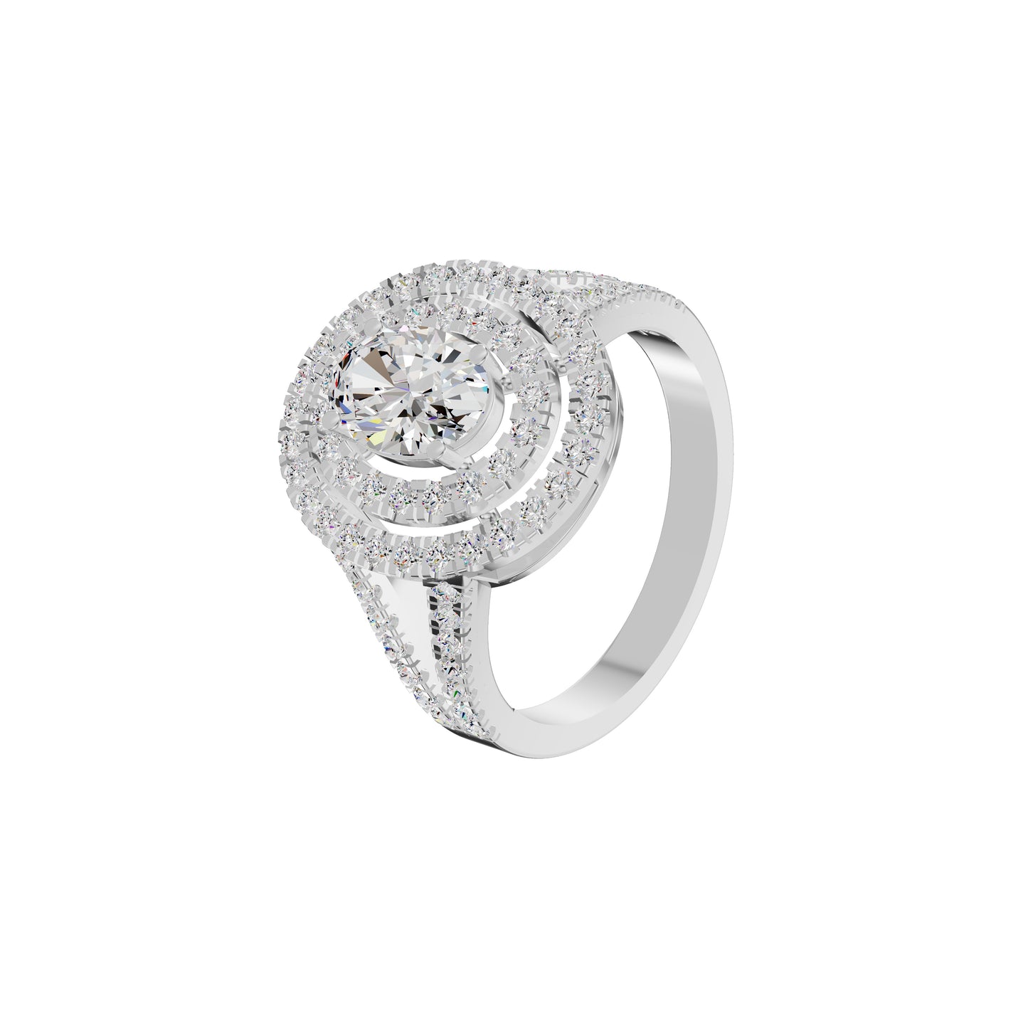 Split Shank Double Halo Oval Solitaire Diamond Engagement Ring 18 KT / White Gold / 18