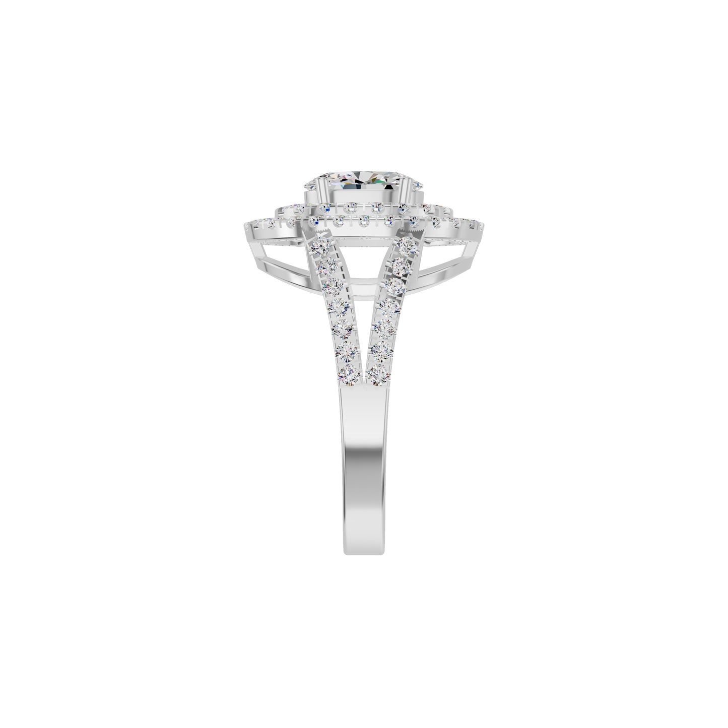 Split Shank Double Halo Oval Solitaire Diamond Engagement Ring 18 KT / White Gold / 18