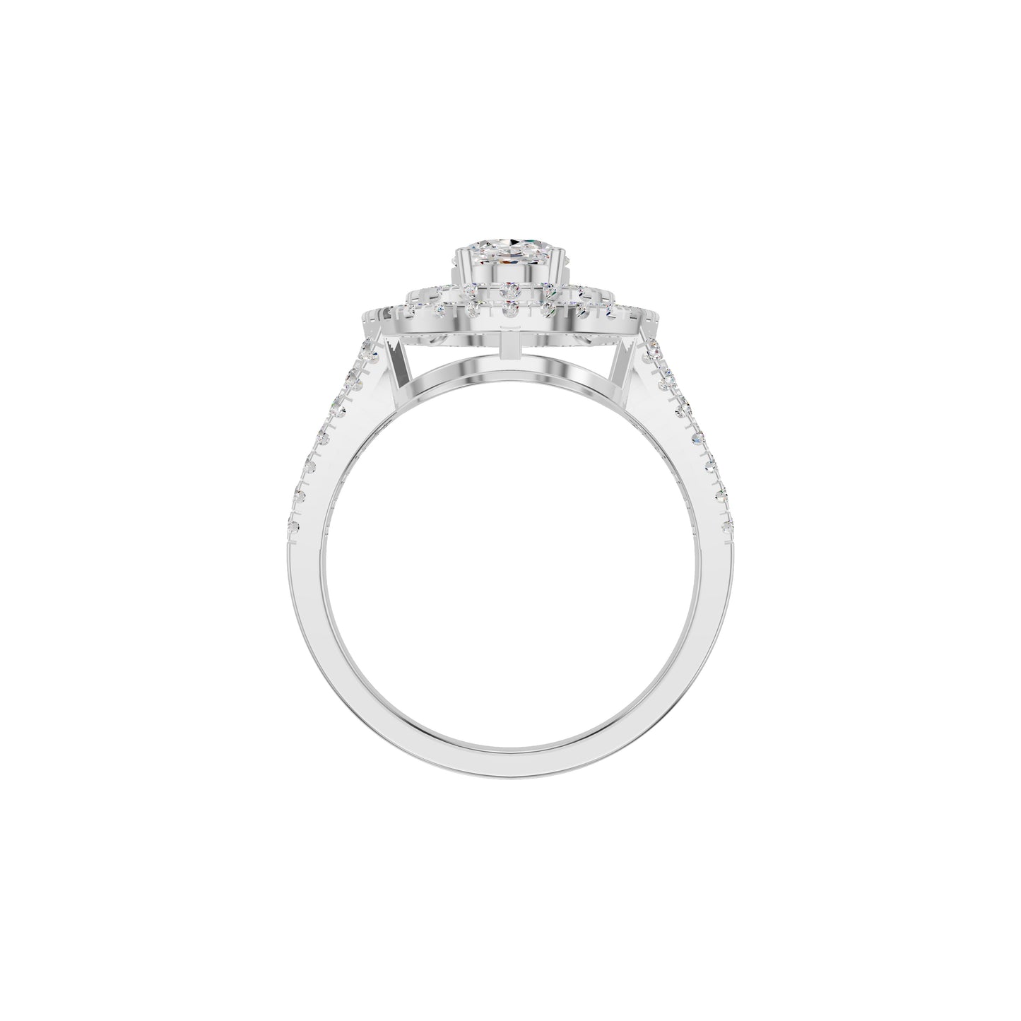 Split Shank Double Halo Oval Solitaire Diamond Engagement Ring 18 KT / White Gold / 18