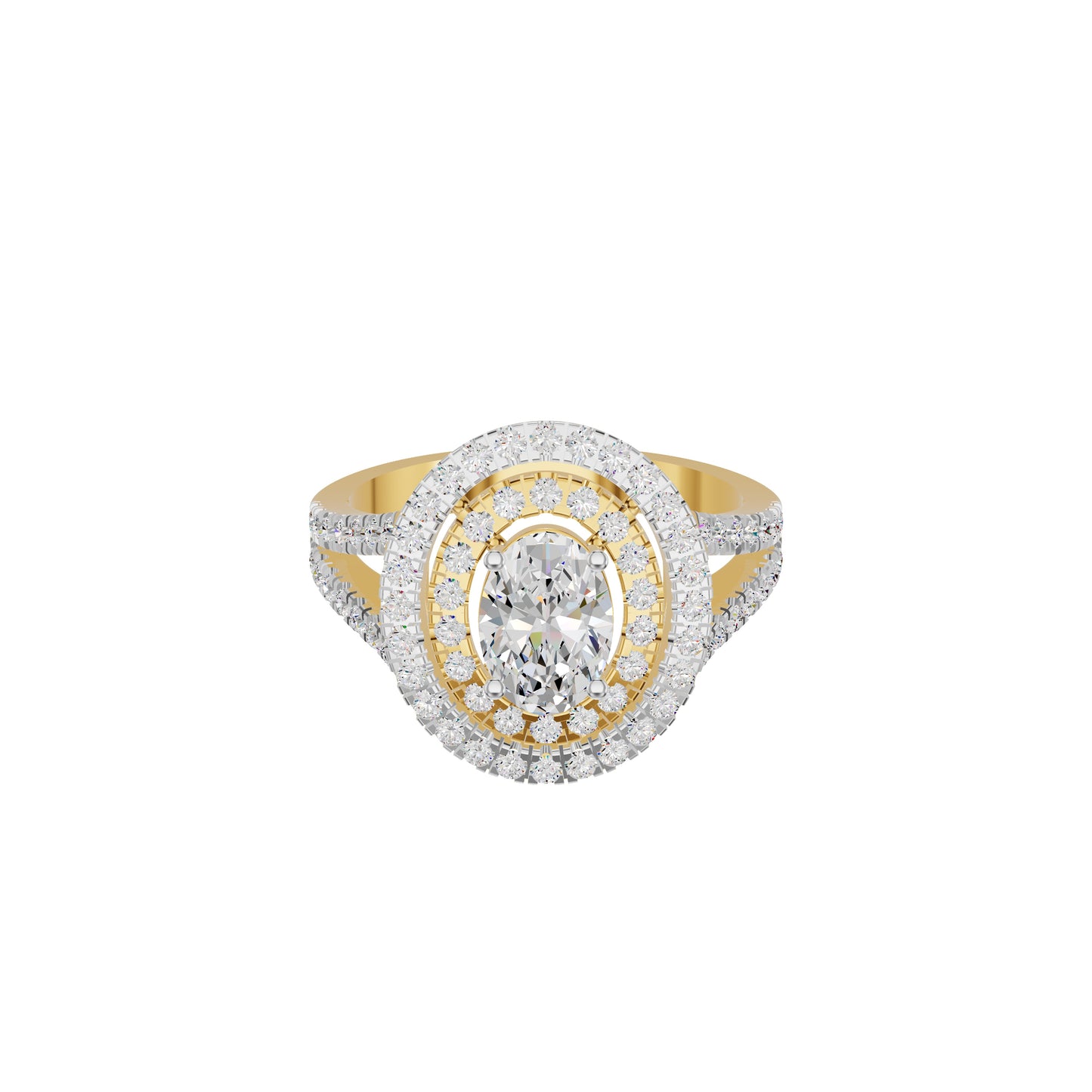 Split Shank Double Halo Oval Solitaire Diamond Engagement Ring 18 KT / Yellow Gold / 18