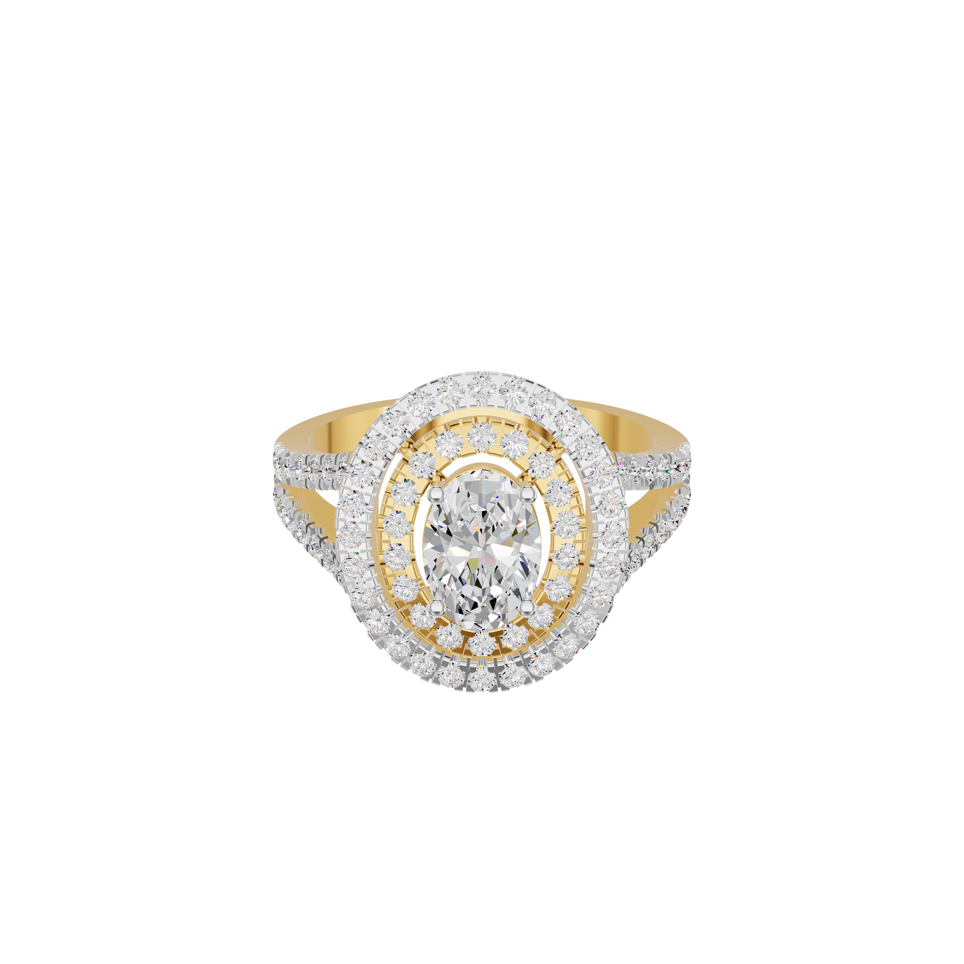 Split Shank Double Halo Oval Solitaire Diamond Engagement Ring 18 KT / Yellow Gold / 18