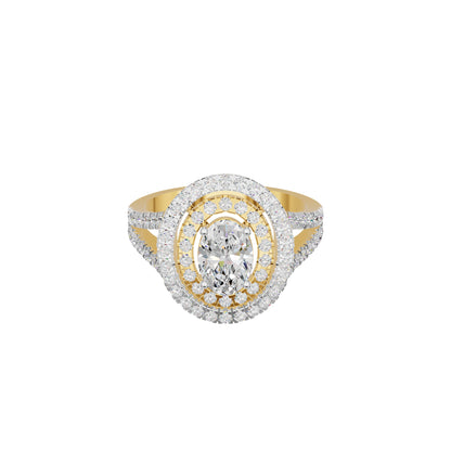 Split Shank Double Halo Oval Solitaire Diamond Engagement Ring 18 KT / Yellow Gold / 18