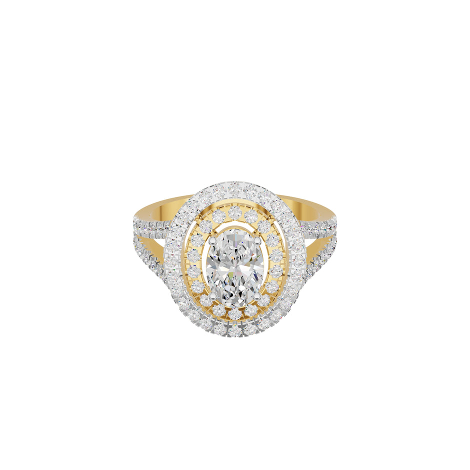 Split Shank Double Halo Oval Solitaire Diamond Engagement Ring 18 KT / Yellow Gold / 18