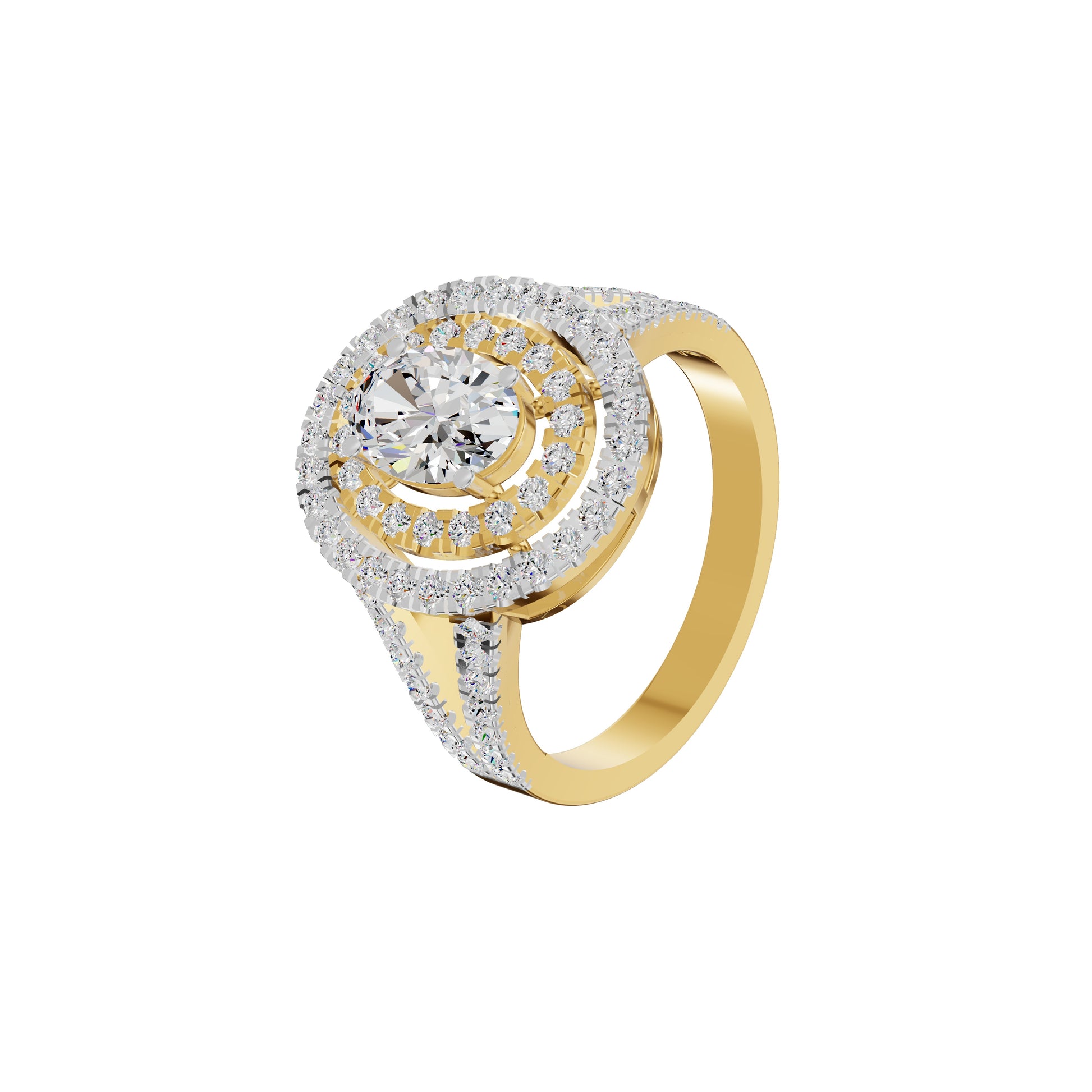 Split Shank Double Halo Oval Solitaire Diamond Engagement Ring 18 KT / Yellow Gold / 18