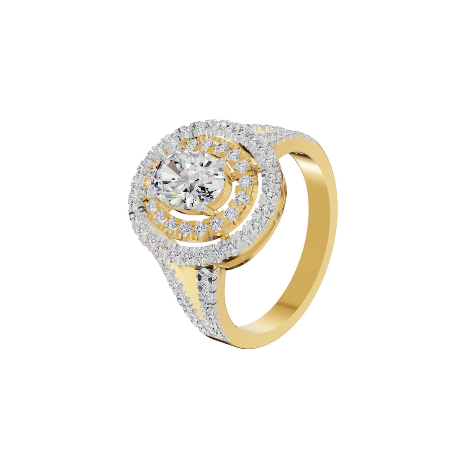 Split Shank Double Halo Oval Solitaire Diamond Engagement Ring 18 KT / Yellow Gold / 18