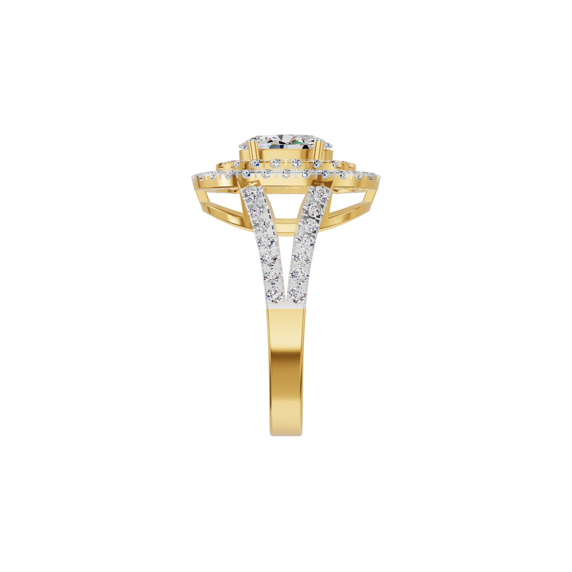 Split Shank Double Halo Oval Solitaire Diamond Engagement Ring 18 KT / Yellow Gold / 18