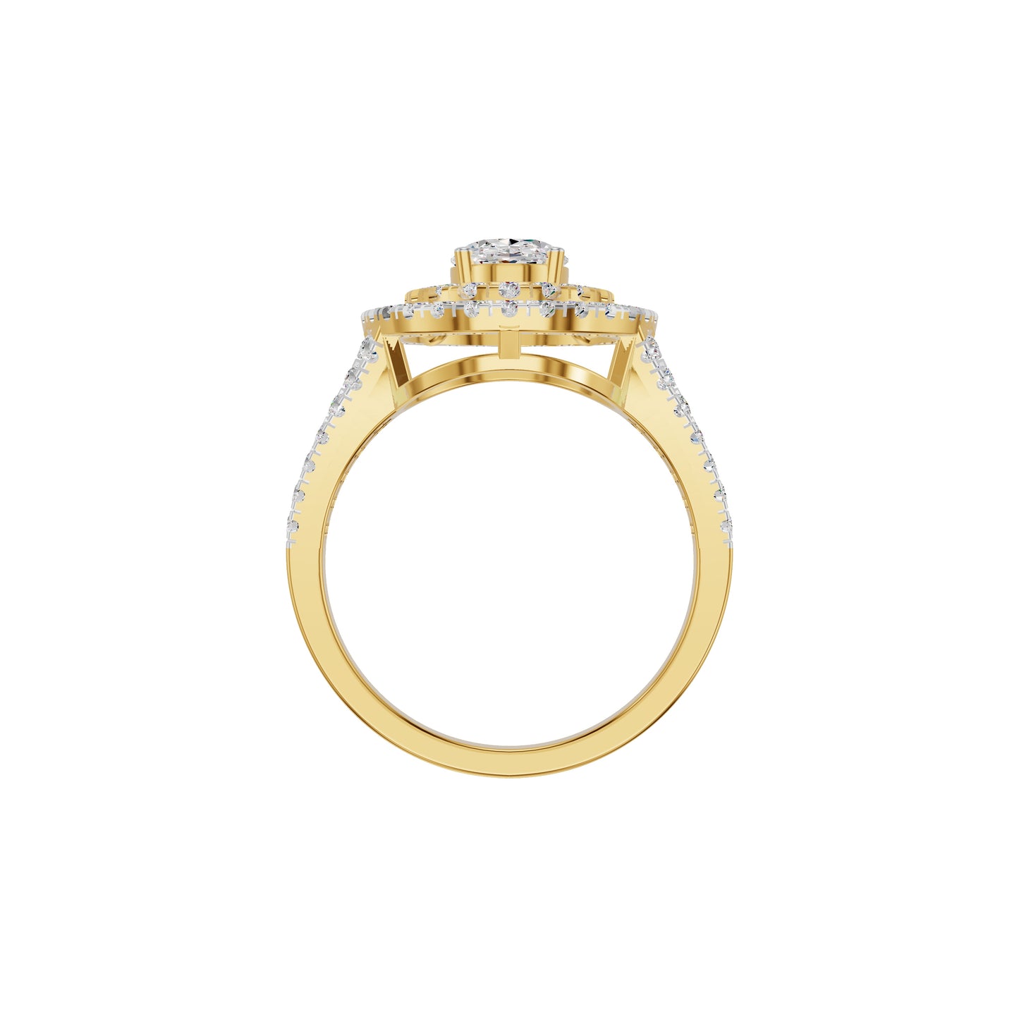 Split Shank Double Halo Oval Solitaire Diamond Engagement Ring 18 KT / Yellow Gold / 18