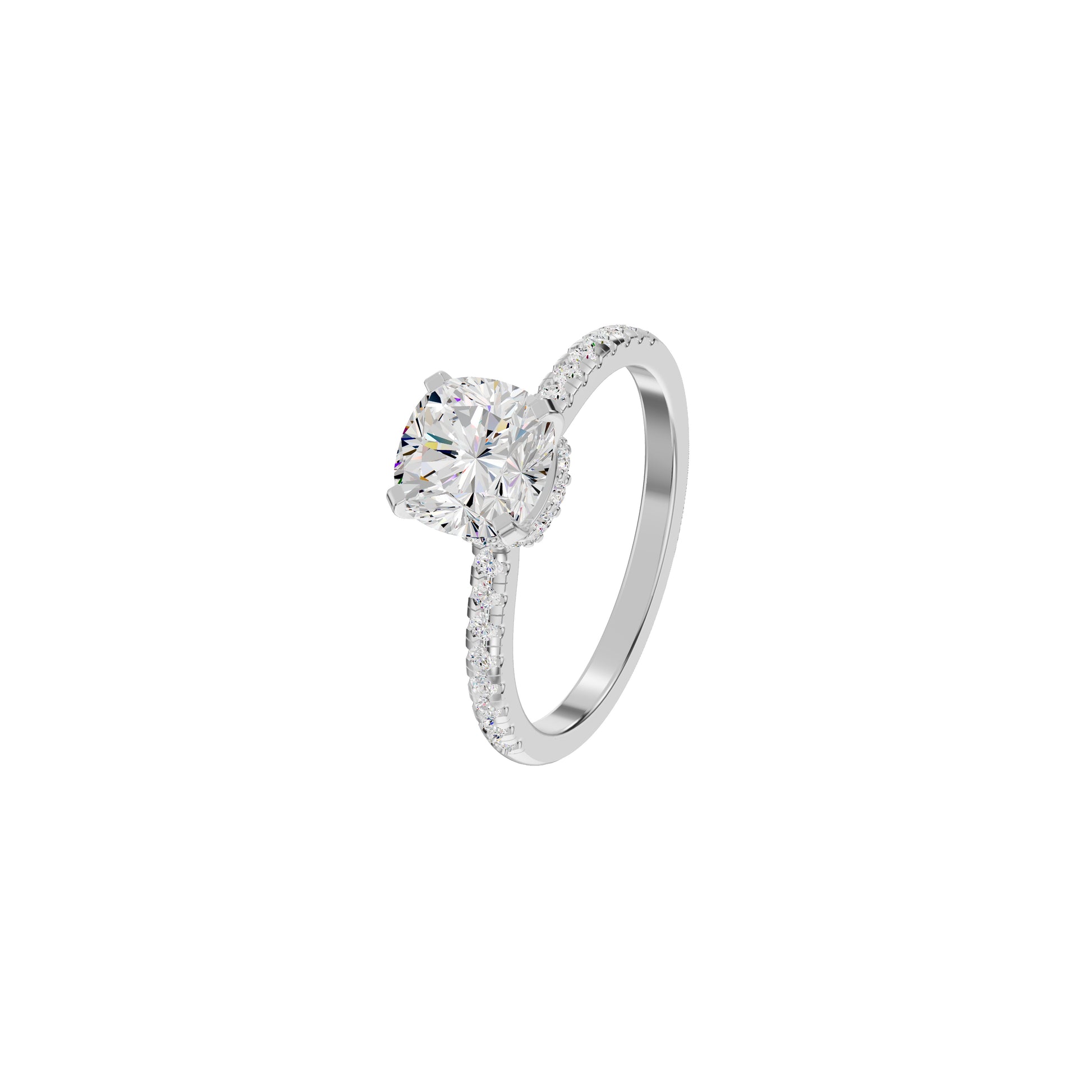 Textured Pave Cushion Solitaire Diamond Engagement Ring 18 KT / White Gold / 18