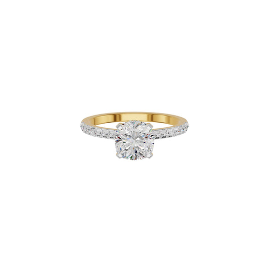 Textured Pave Cushion Solitaire Diamond Engagement Ring 18 KT / Yellow Gold / 18
