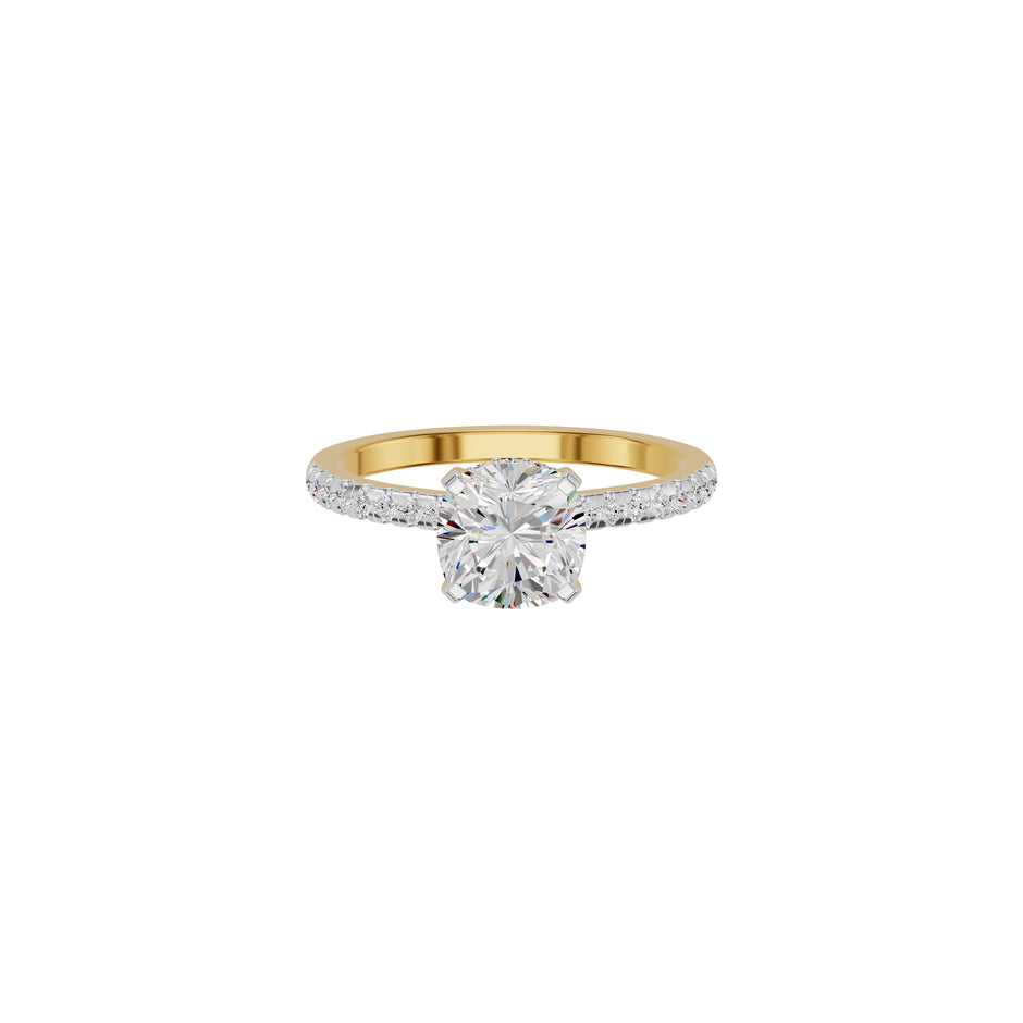 Textured Pave Cushion Solitaire Diamond Engagement Ring 18 KT / Yellow Gold / 18