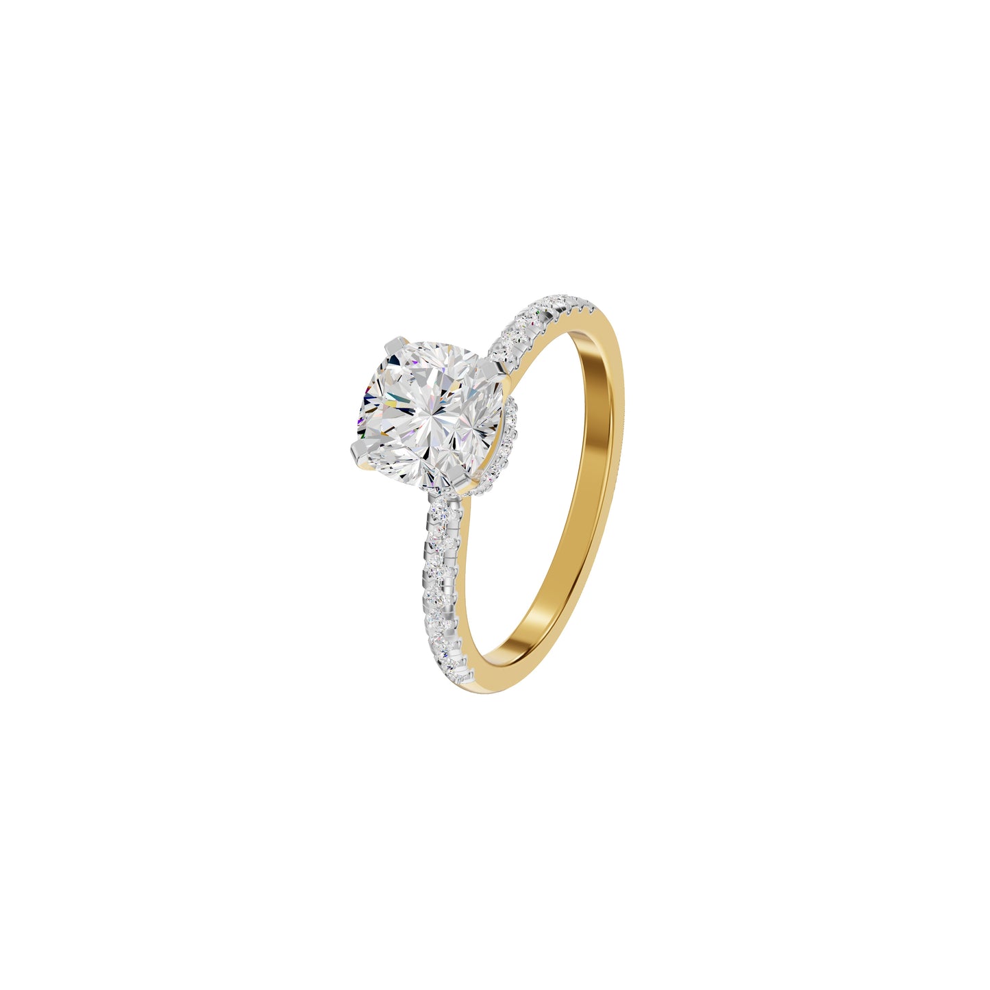 Textured Pave Cushion Solitaire Diamond Engagement Ring 18 KT / Yellow Gold / 18