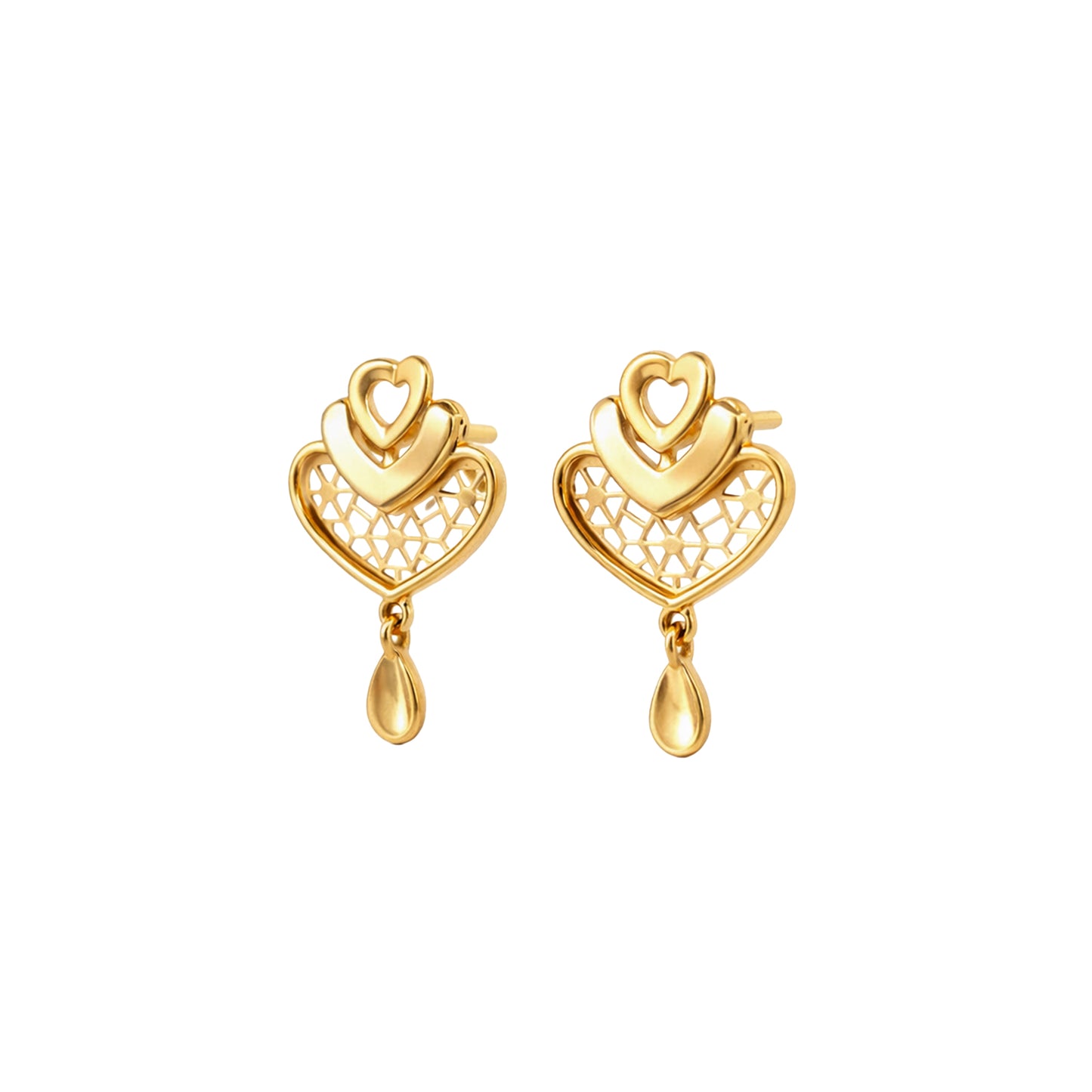 Twin-Heart Drop Gold Earrings