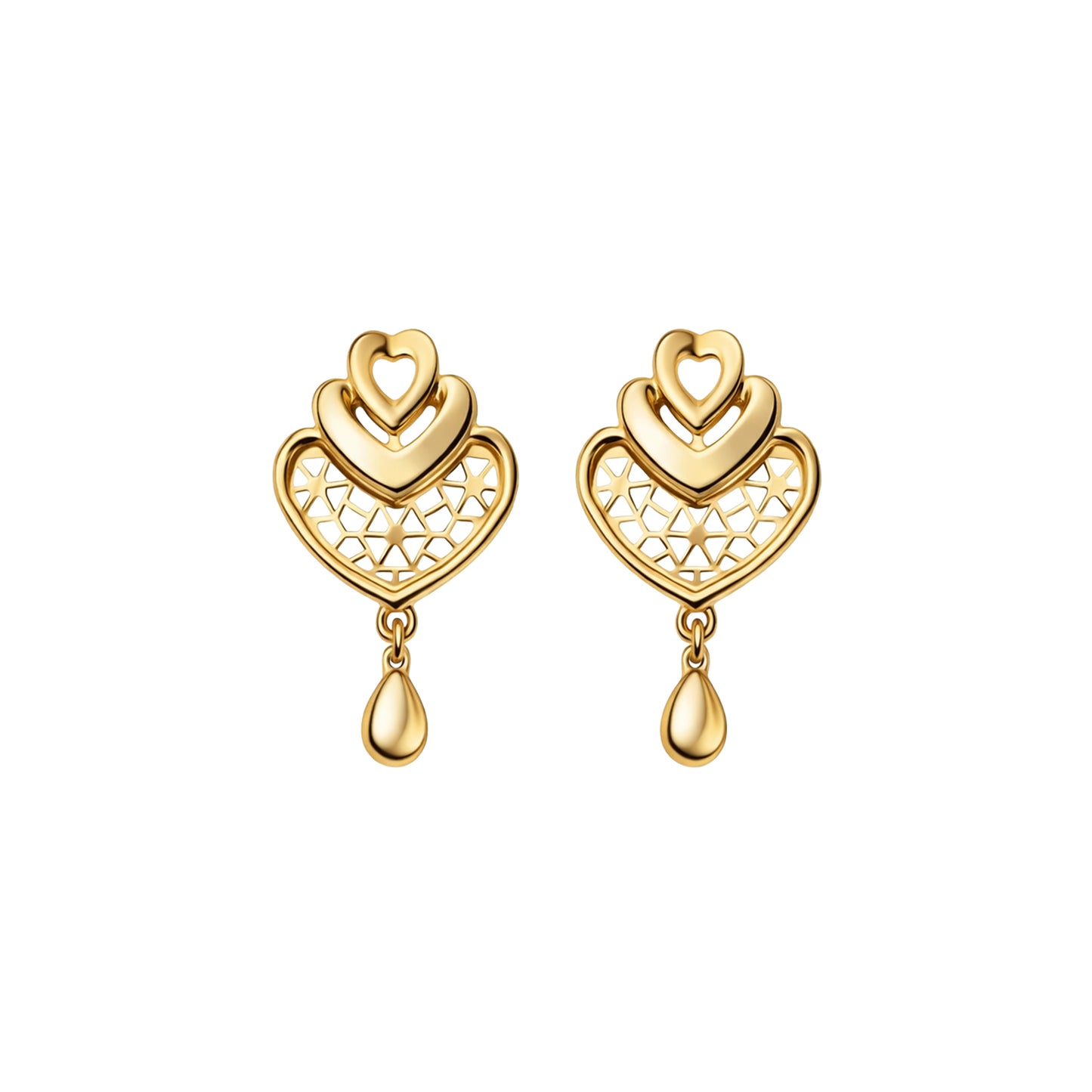 Twin-Heart Drop Gold Earrings