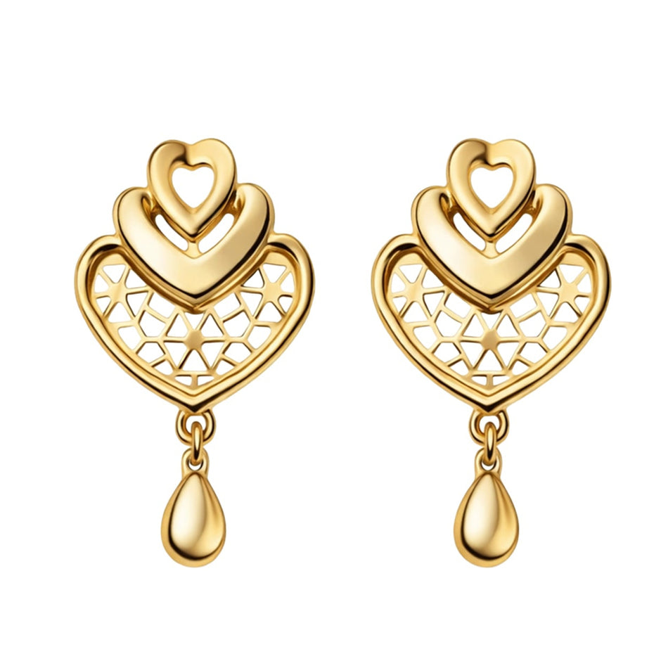Twin-Heart Drop Gold Earrings