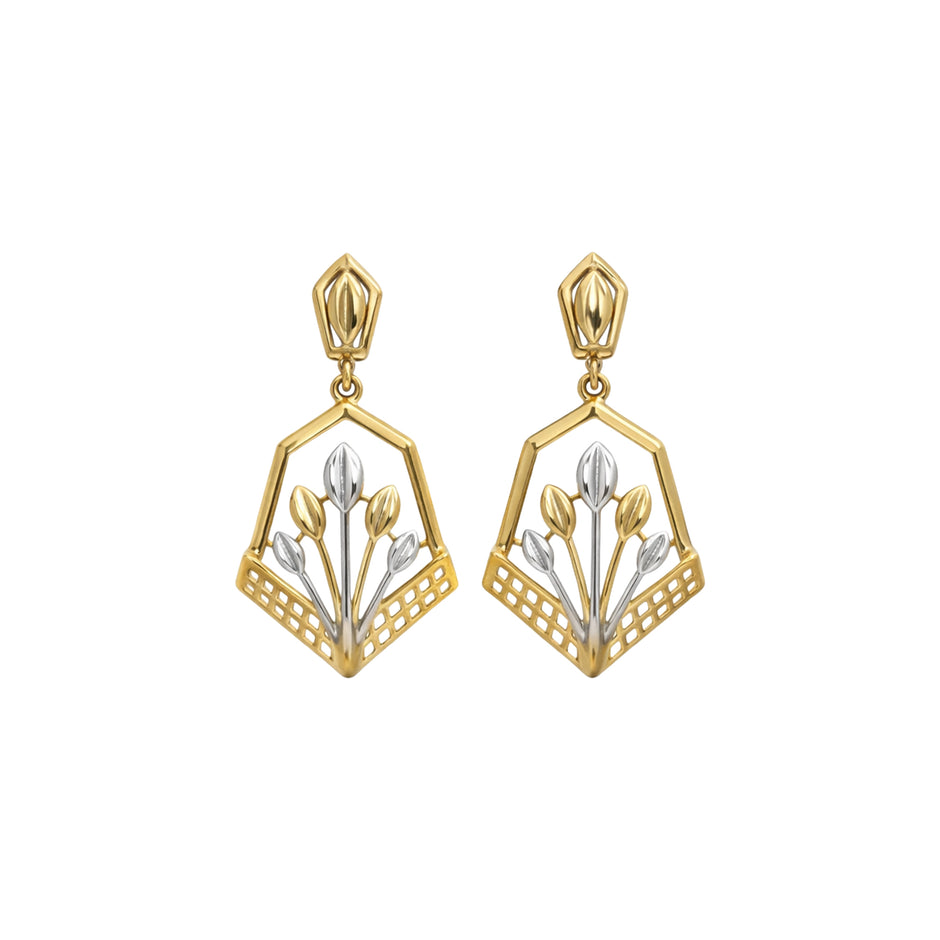Geometric Floral Gold Drop Earrings