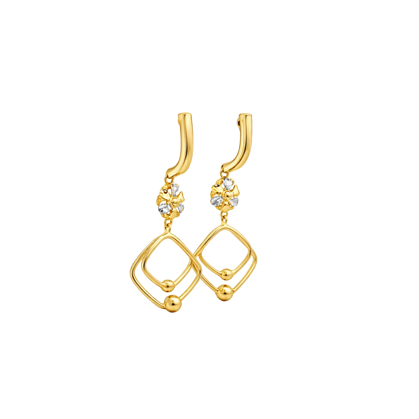 Floral Charm Double Frame Drop Gold Earrings
