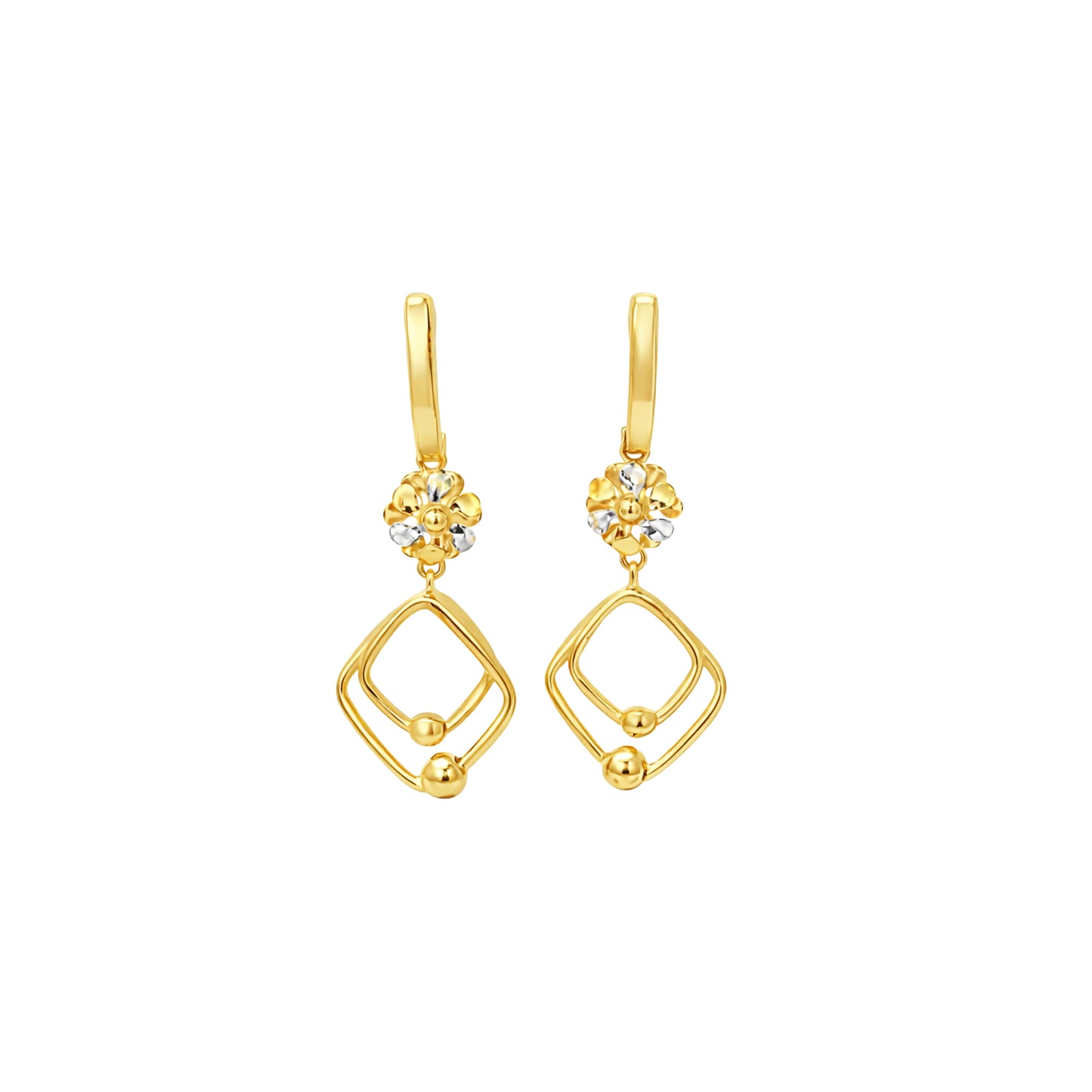 Floral Charm Double Frame Drop Gold Earrings