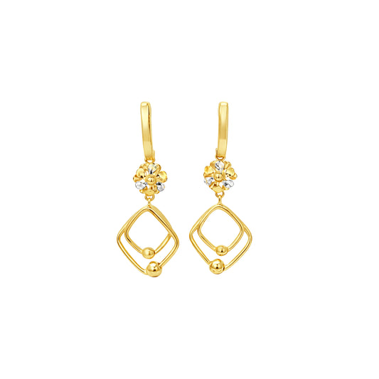 Floral Charm Double Frame Drop Gold Earrings
