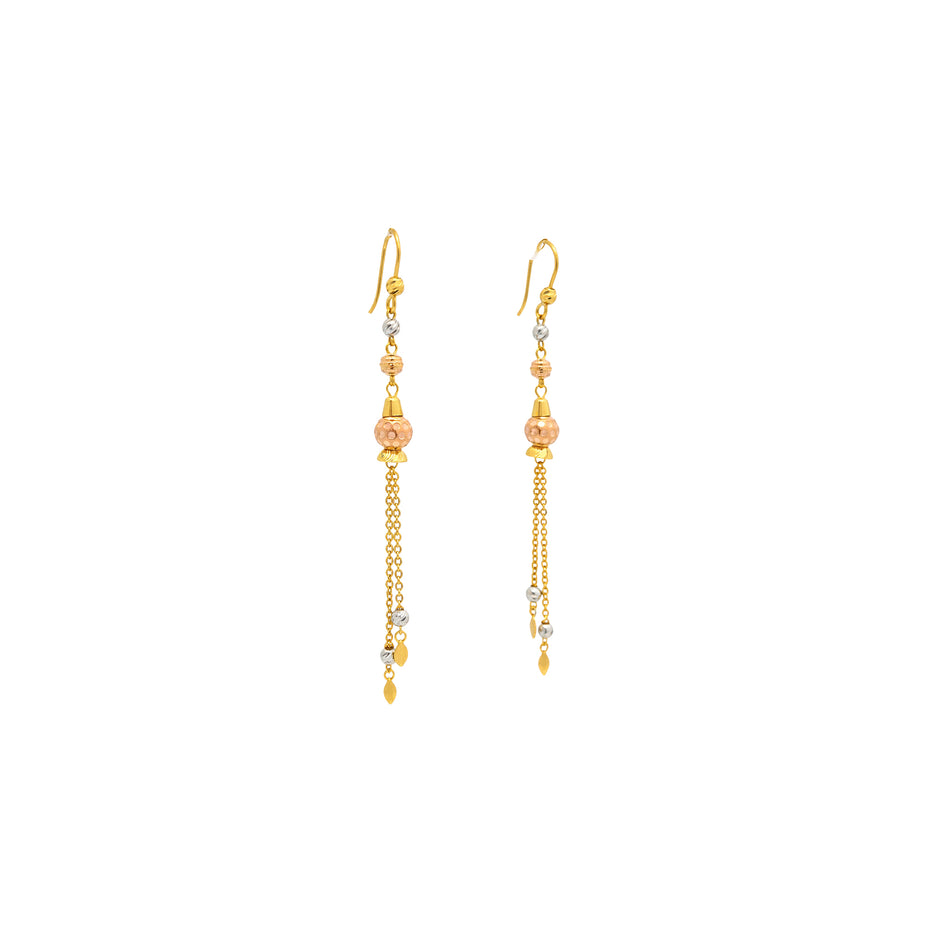 Tri-Tone Bead Tassel Gold Earrings