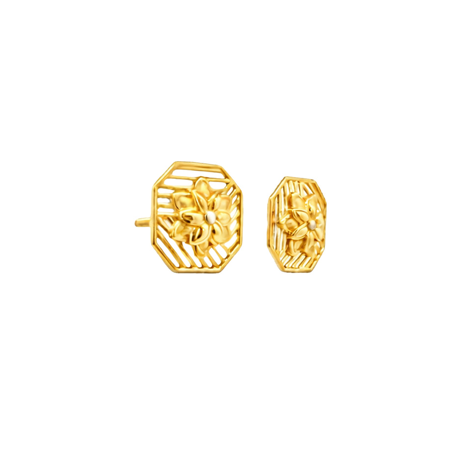 Octagonal Floral Gold Earrings