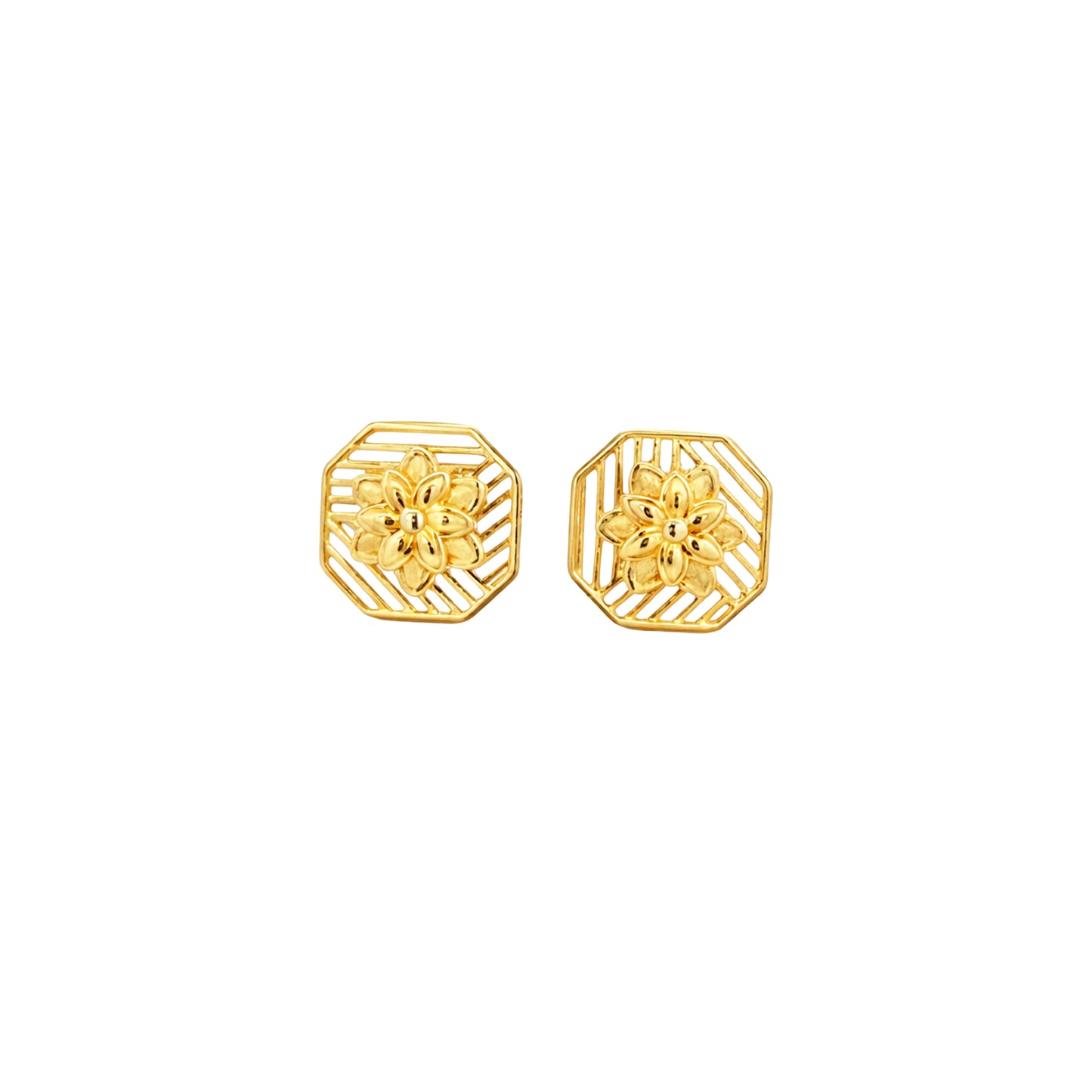Octagonal Floral Gold Earrings