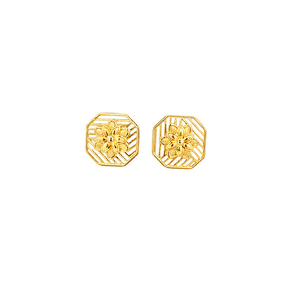 Octagonal Floral Gold Earrings